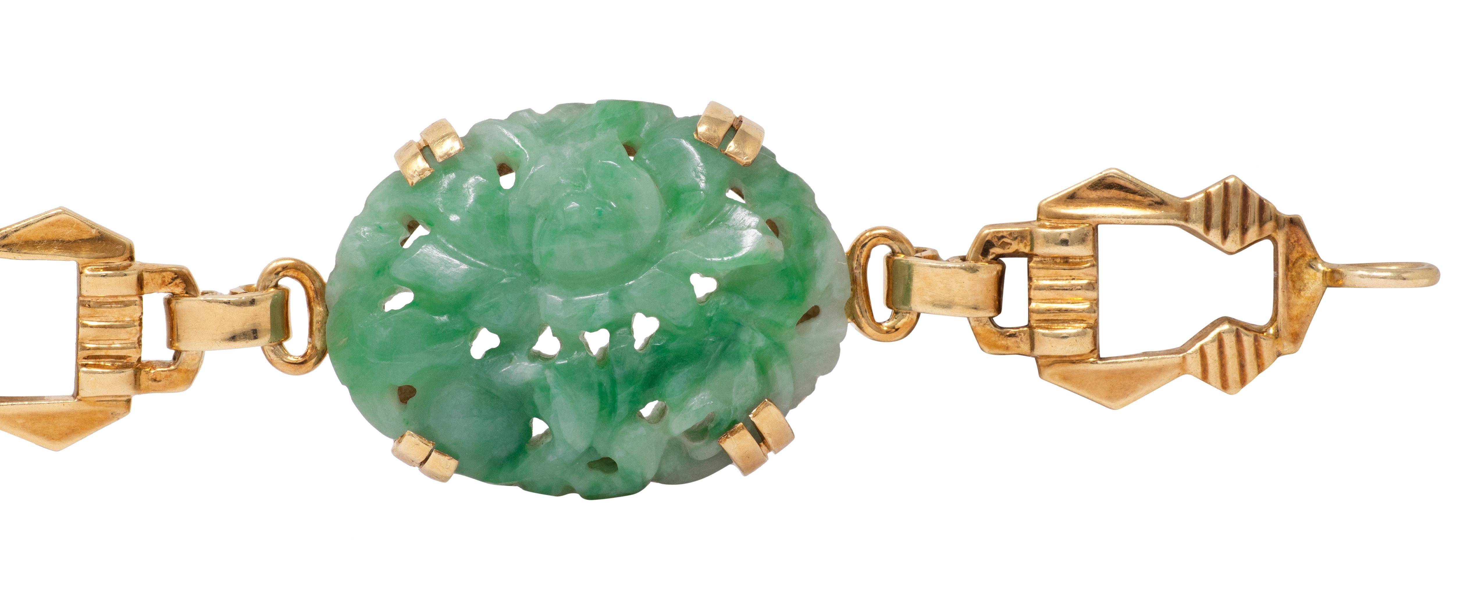 Tiffany & Co. Art Deco Carved Jade 14K Gold Antique Floral Link Bracelet