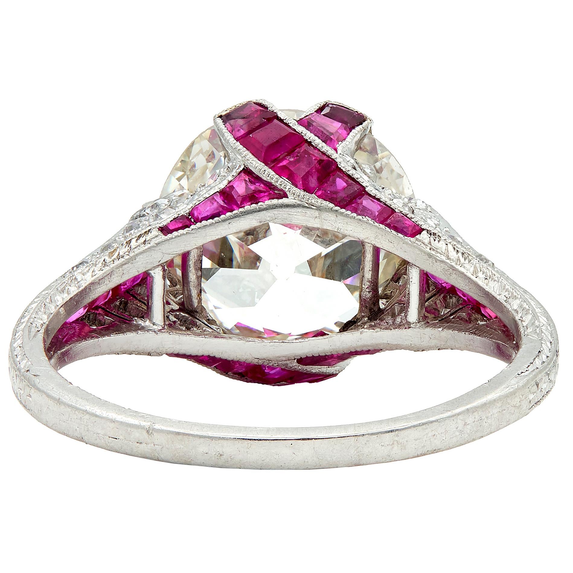 Art Deco 6.43 CTW Old European Diamond Ruby Platinum X Engagement Ring GIA