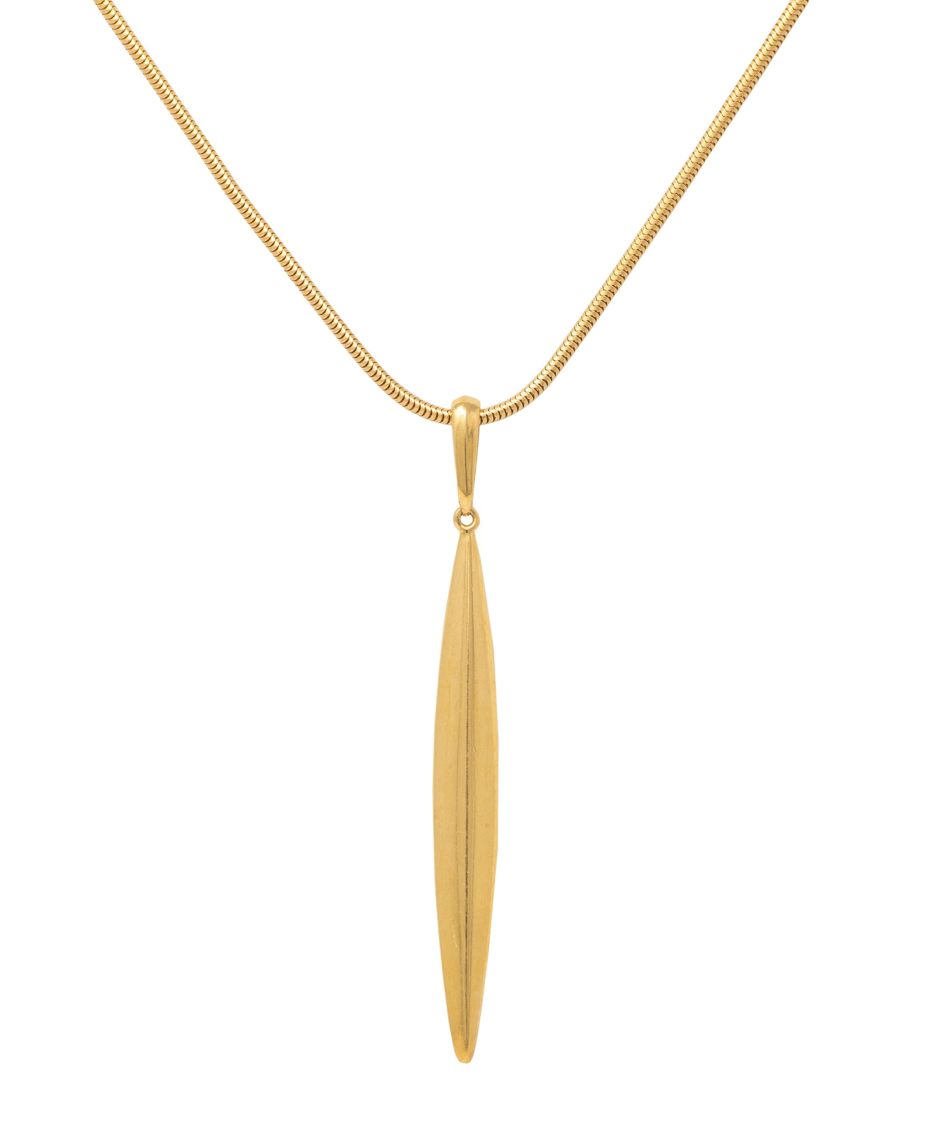 Tiffany & Co. 1990's 18K Yellow Gold Vintage Minimalist Feather Pendant Necklace