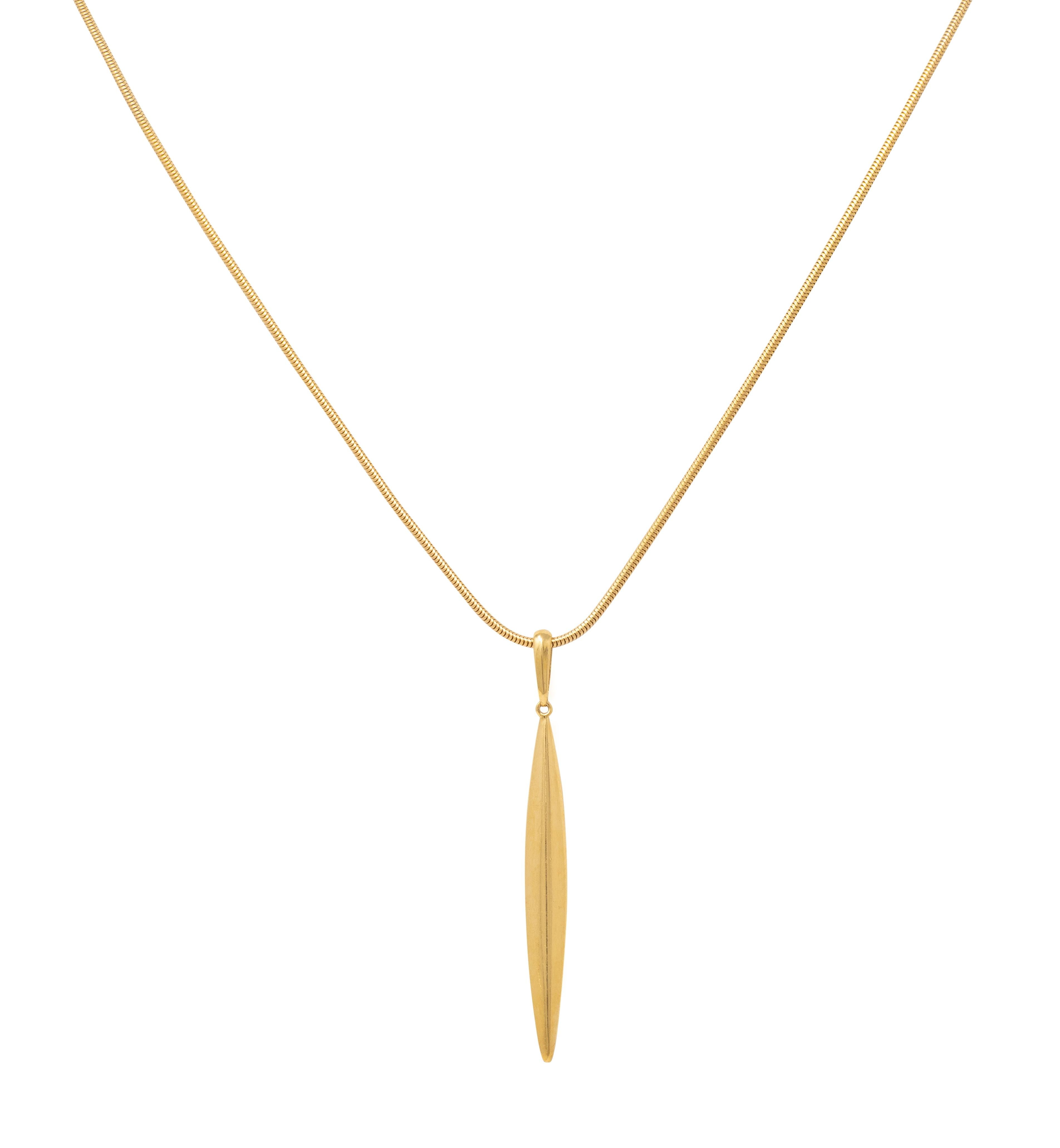 Tiffany & Co. 1990's 18K Yellow Gold Vintage Minimalist Feather Pendant Necklace