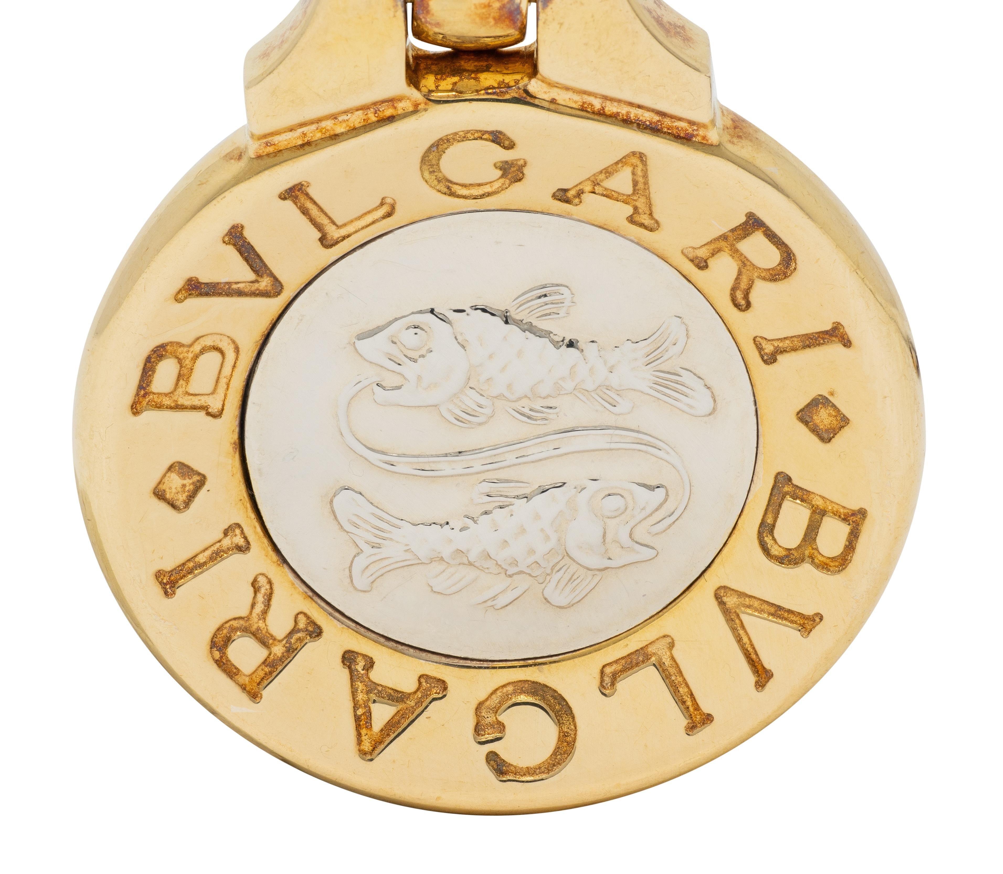 Bulgari 18K Yellow White Gold Pisces Zodiac Vintage Leather Pendant Necklace