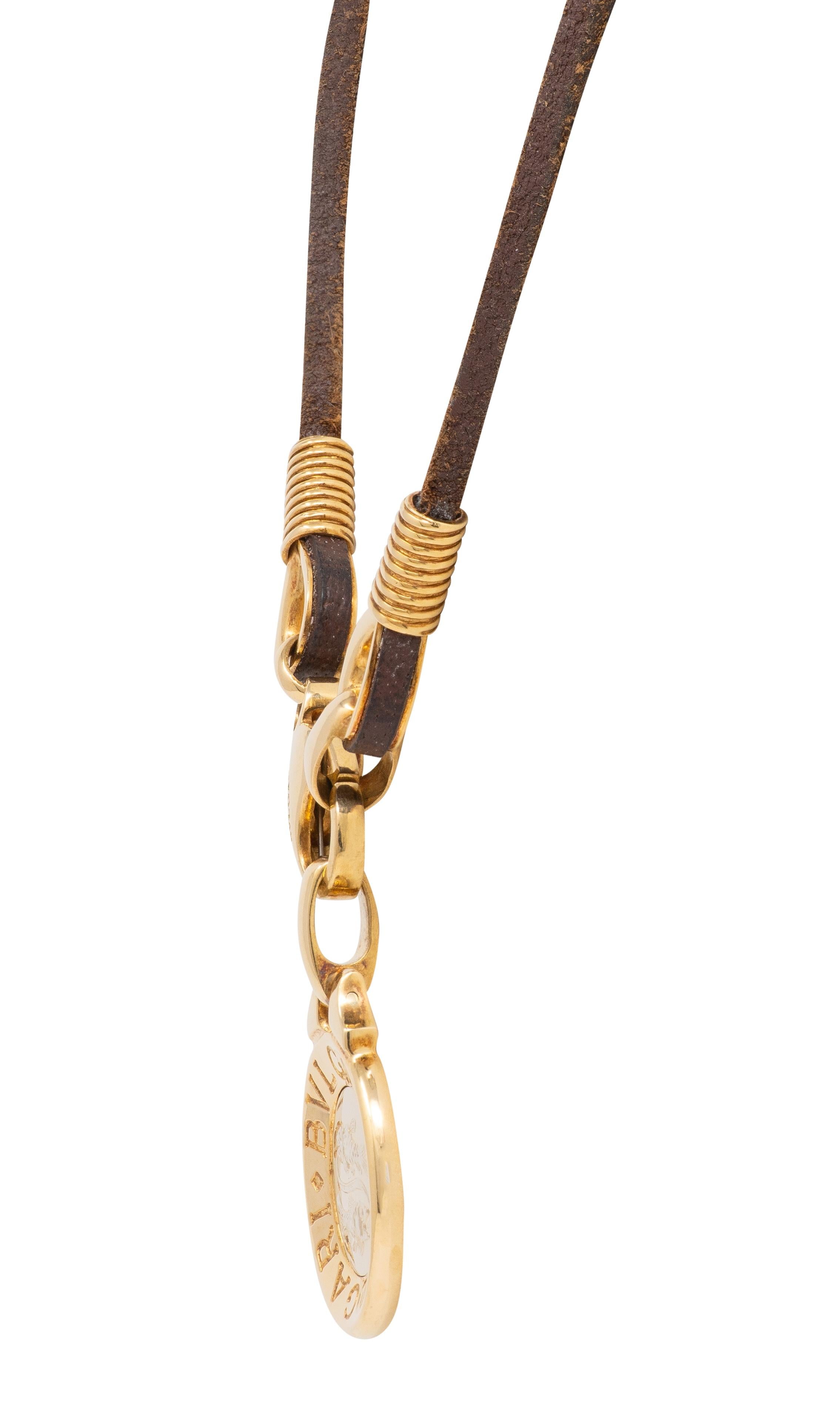 Bulgari 18K Yellow White Gold Pisces Zodiac Vintage Leather Pendant Necklace