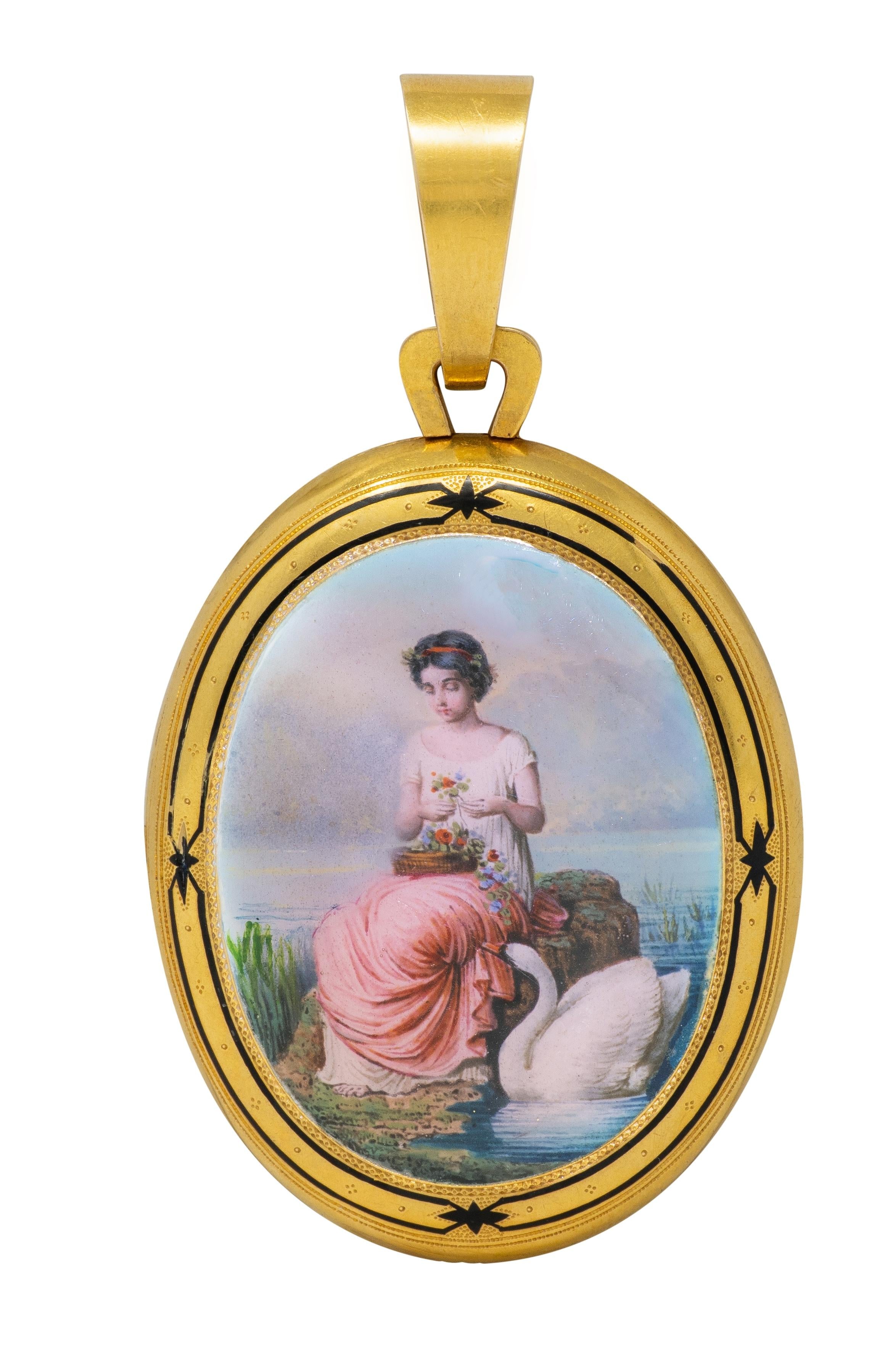 Victorian 1871 Painted Enamel 18 Karat Yellow Gold Antique Locket Pendant