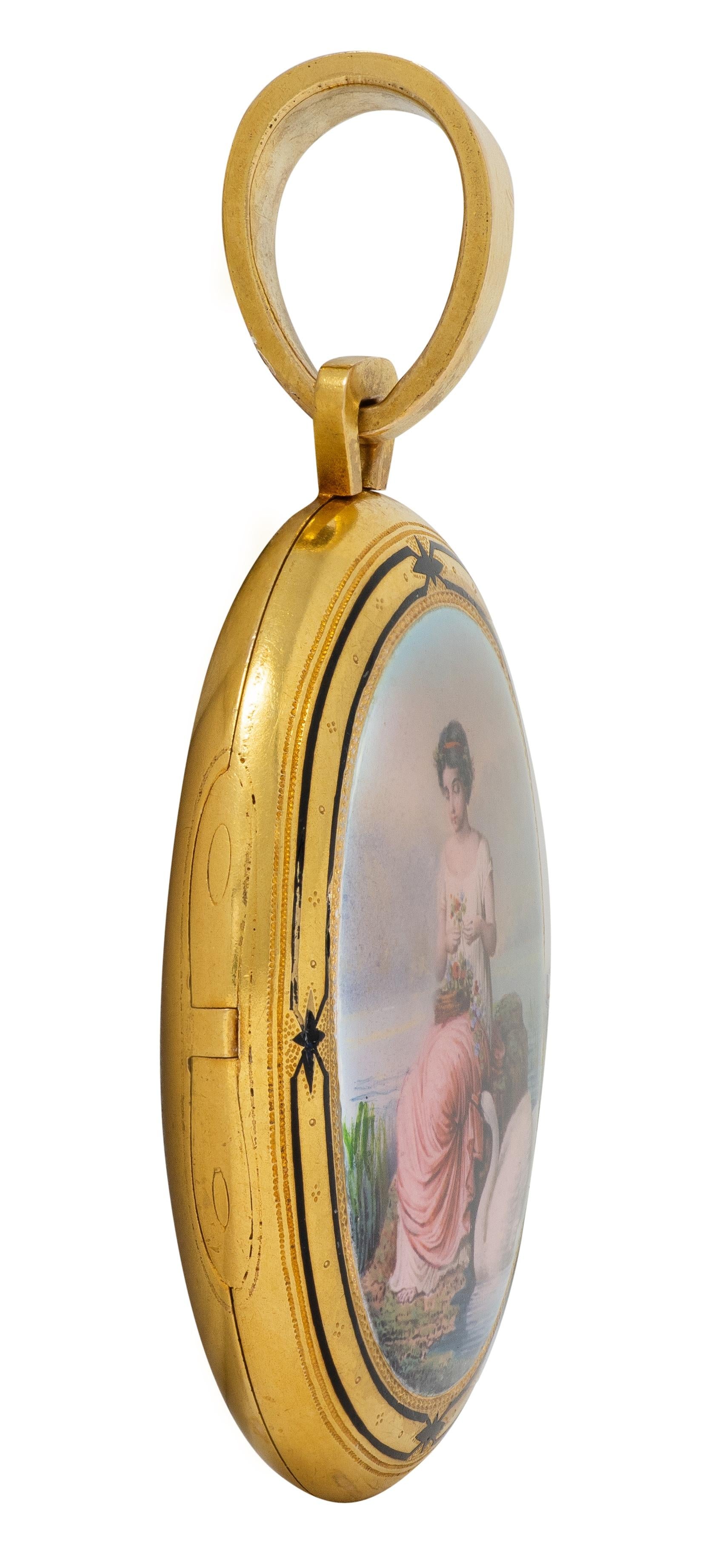Victorian 1871 Painted Enamel 18 Karat Yellow Gold Antique Locket Pendant