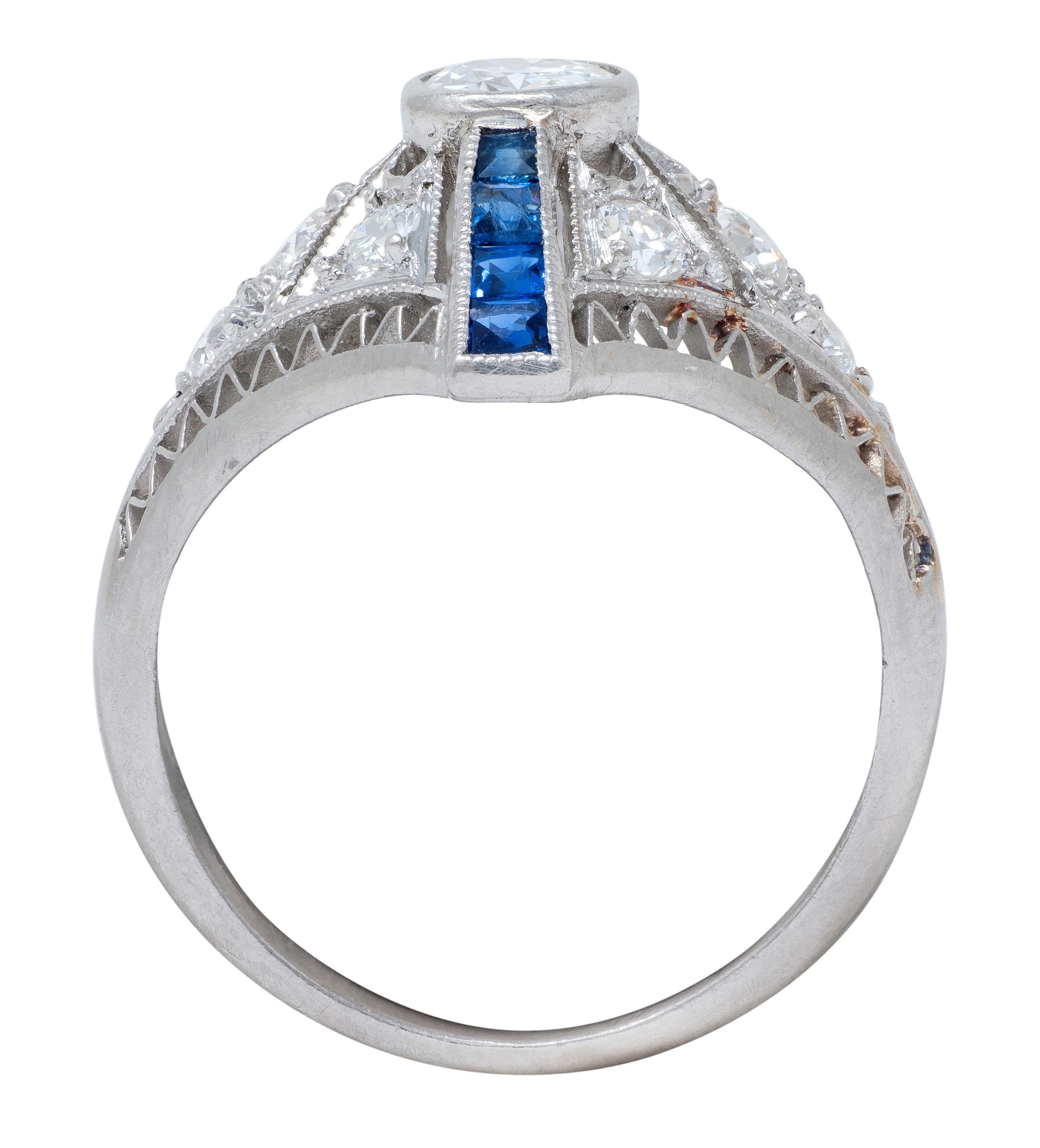 Art Deco 0.94 CTW Sapphire Diamond Platinum Vintage Zig-Zag Navette Dinner Ring