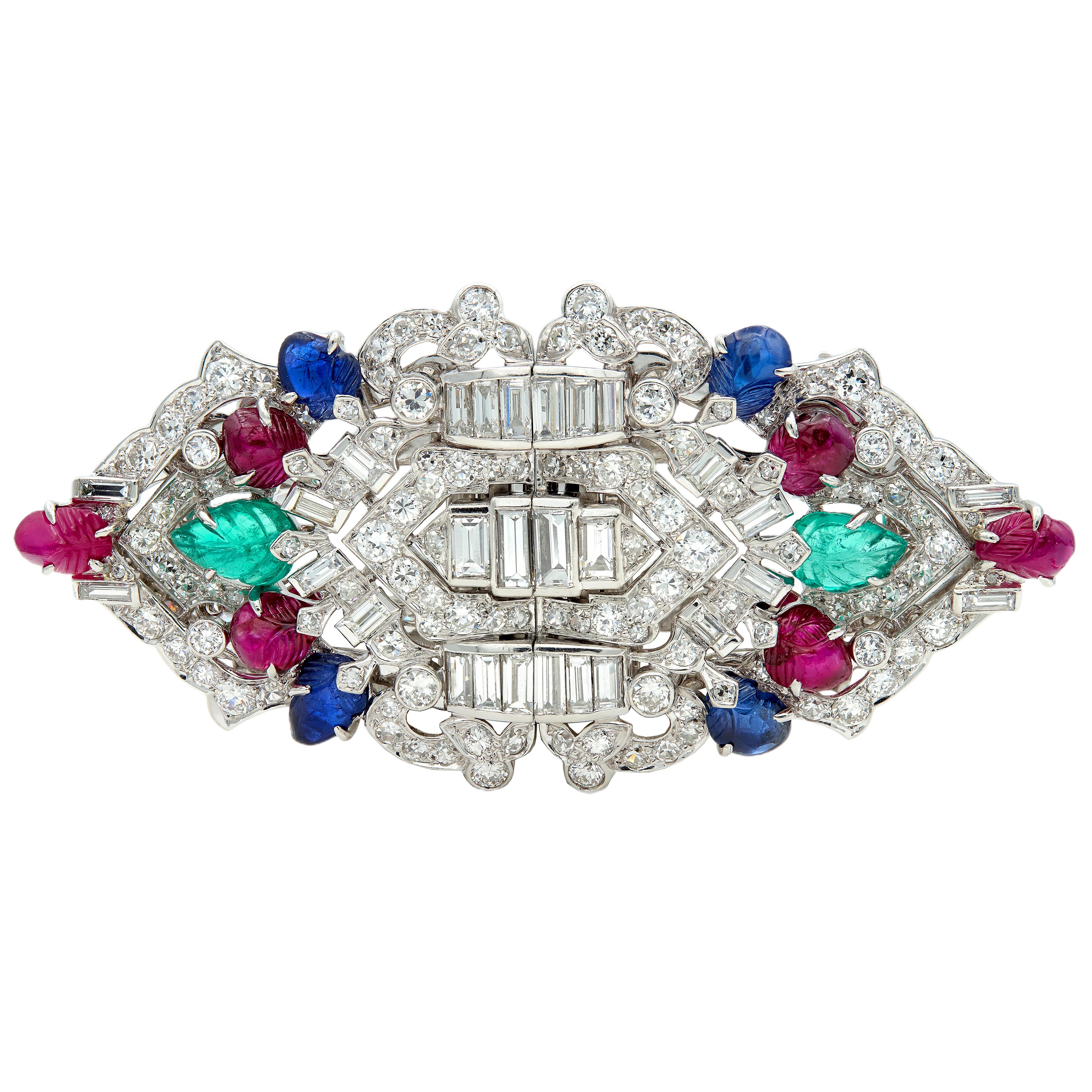 Art Deco Ruby Sapphire Diamond Platinum Vintage Tutti Frutti Brooch Clips