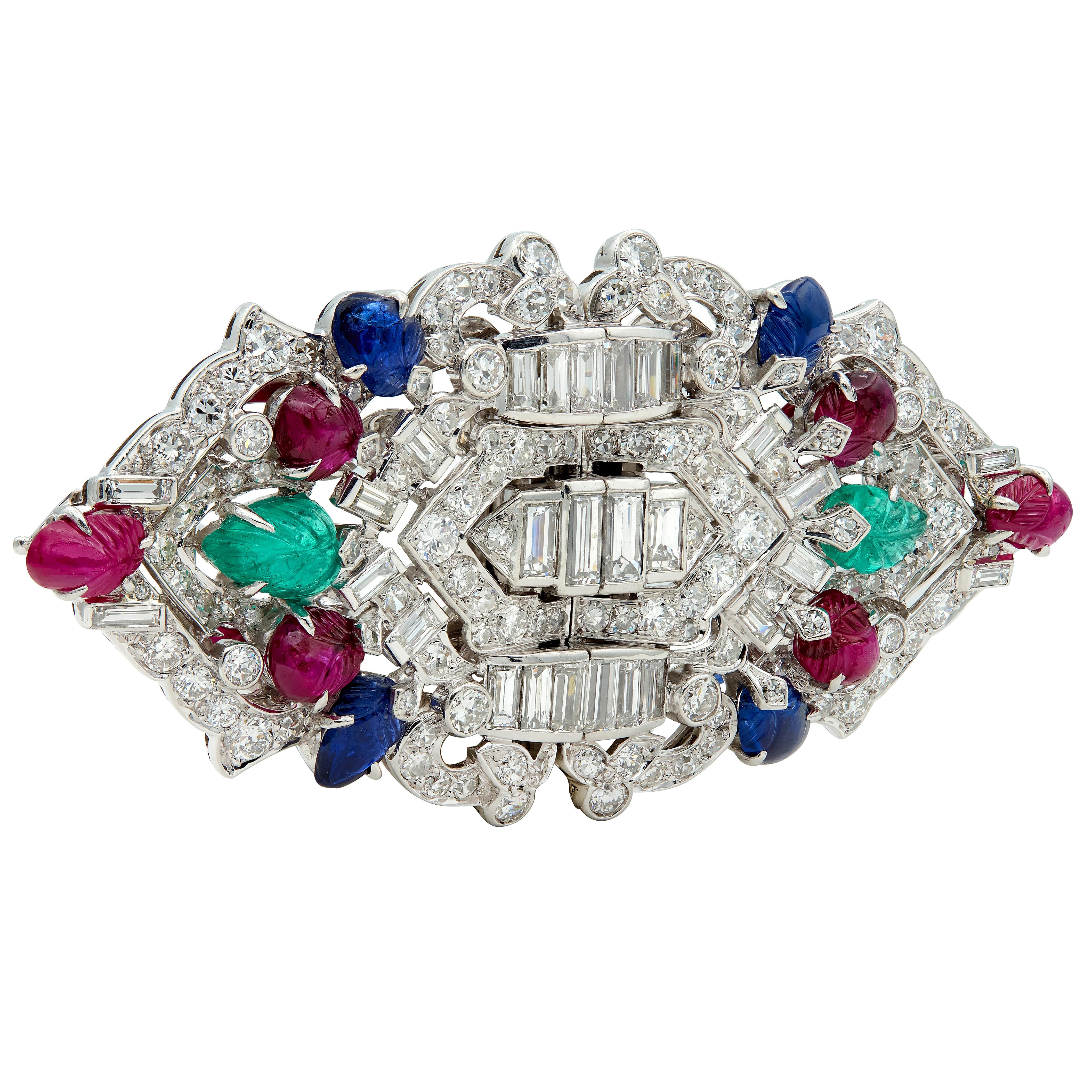 Art Deco Ruby Sapphire Diamond Platinum Vintage Tutti Frutti Brooch Clips