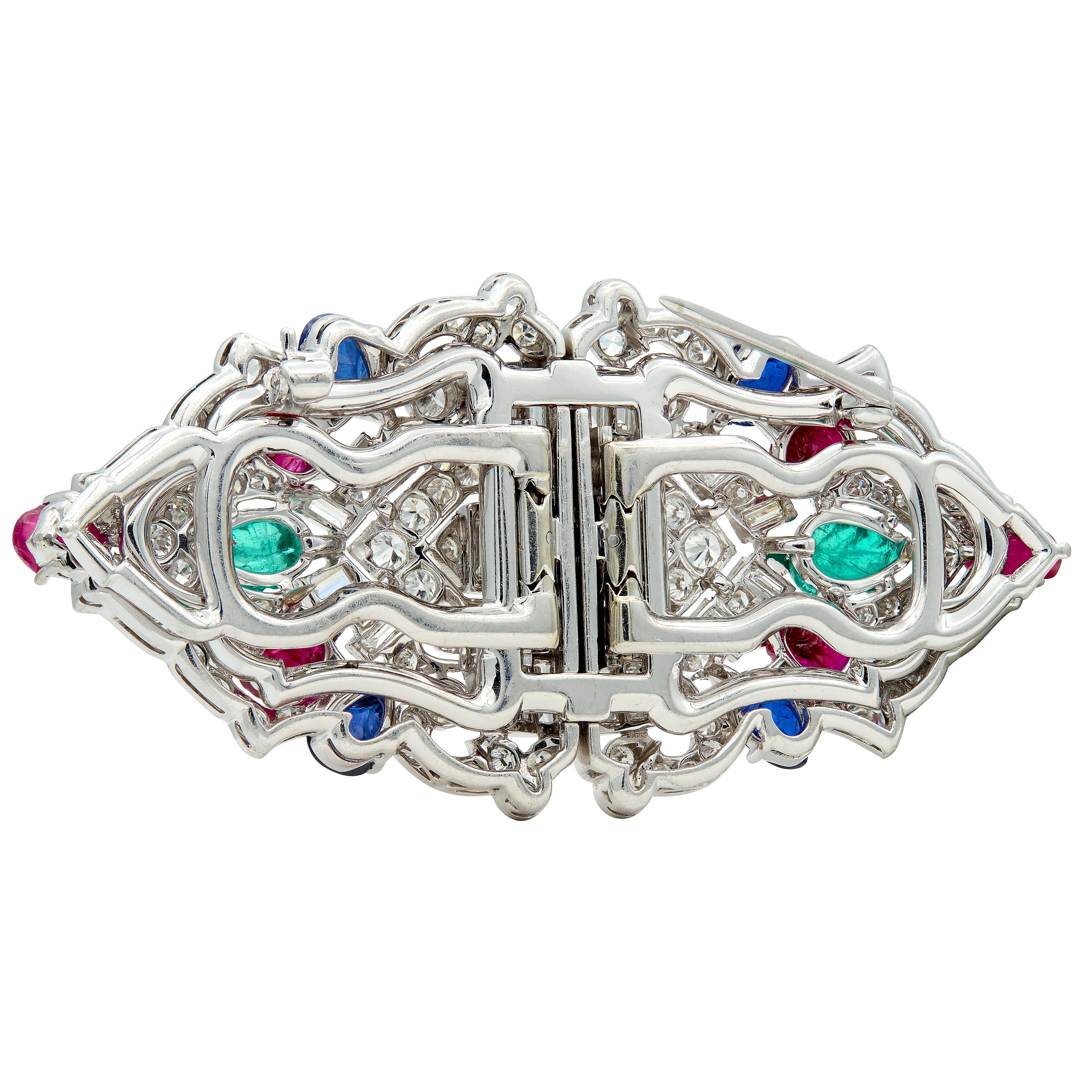 Art Deco Ruby Sapphire Diamond Platinum Vintage Tutti Frutti Brooch Clips