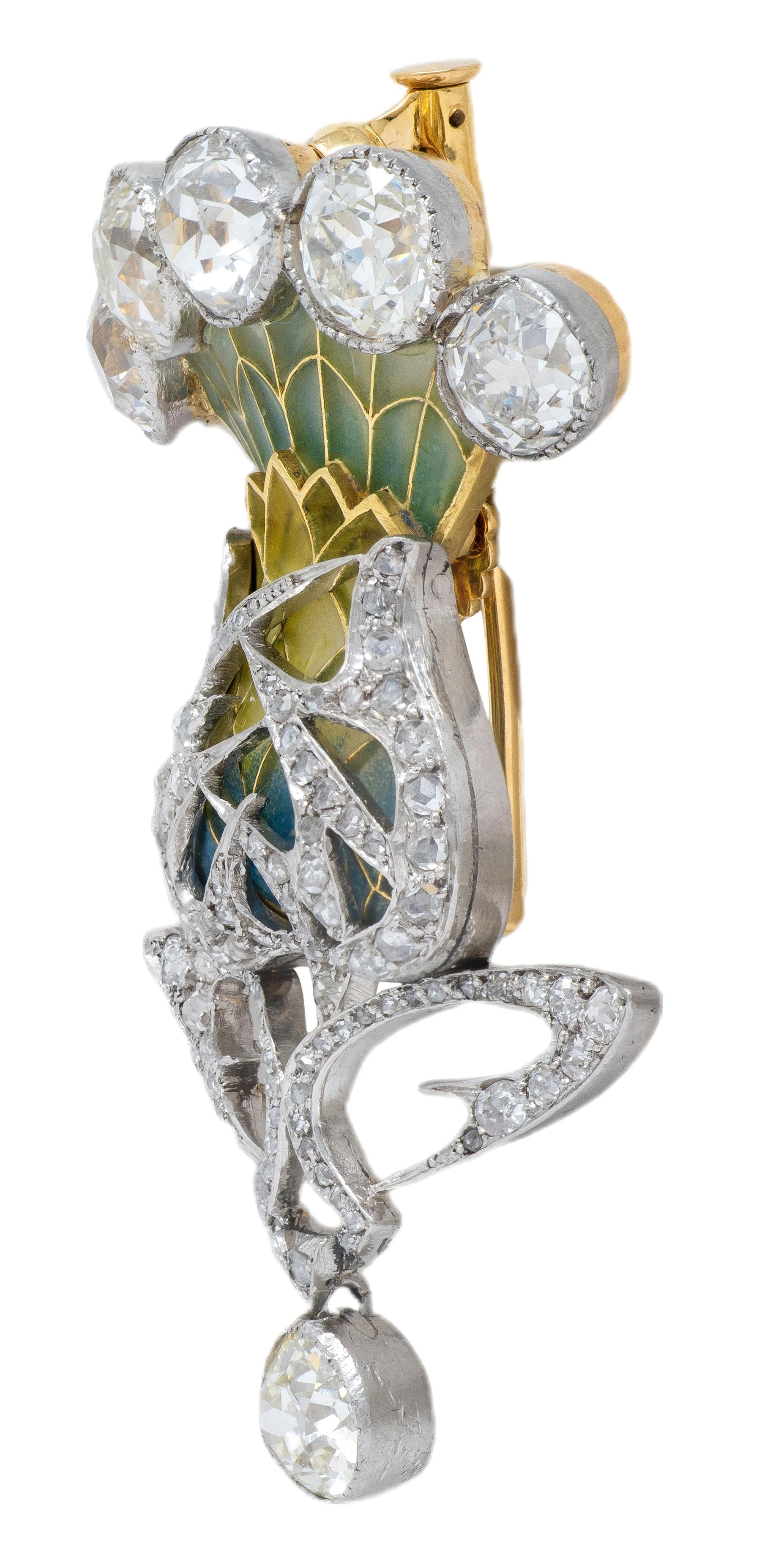 Art Nouveau Plique-a-Jour Enamel Diamond Platinum 18K Thistle Pendant Brooch