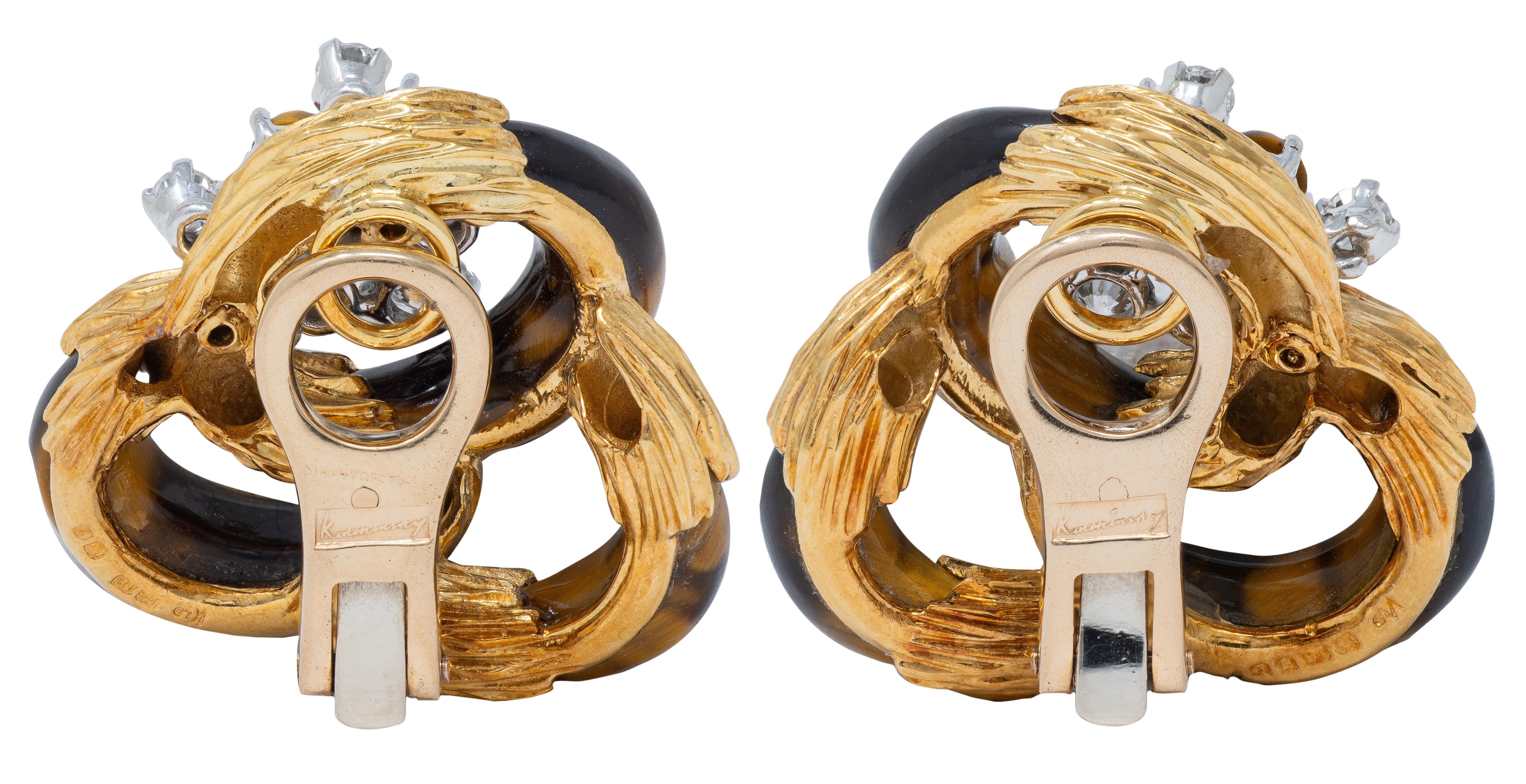 Kutchinsky 1974 Diamond Tiger's Eye 18K Gold Vintage Loop Ear-Clip Earrings