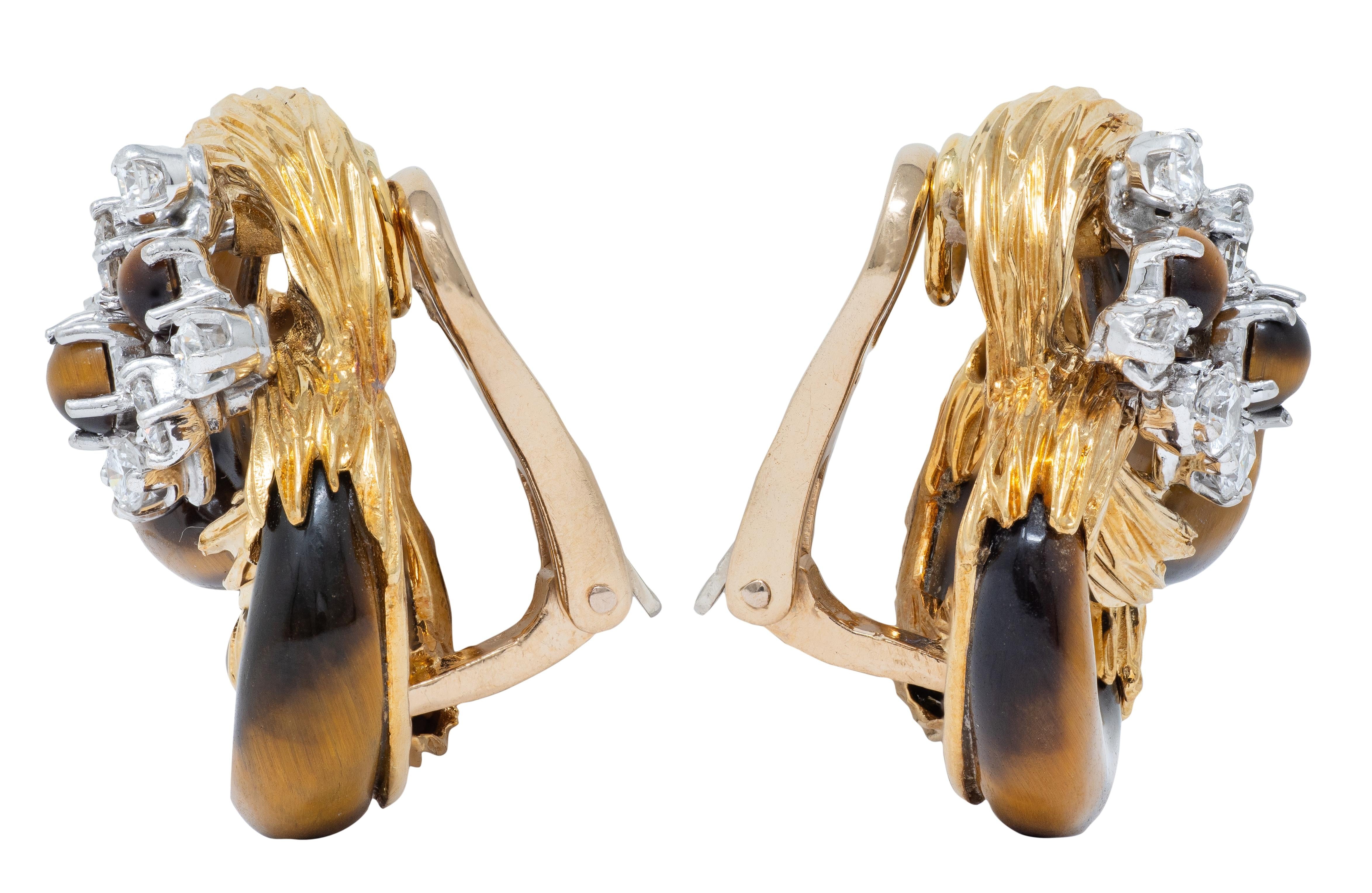 Kutchinsky 1974 Diamond Tiger's Eye 18K Gold Vintage Loop Ear-Clip Earrings