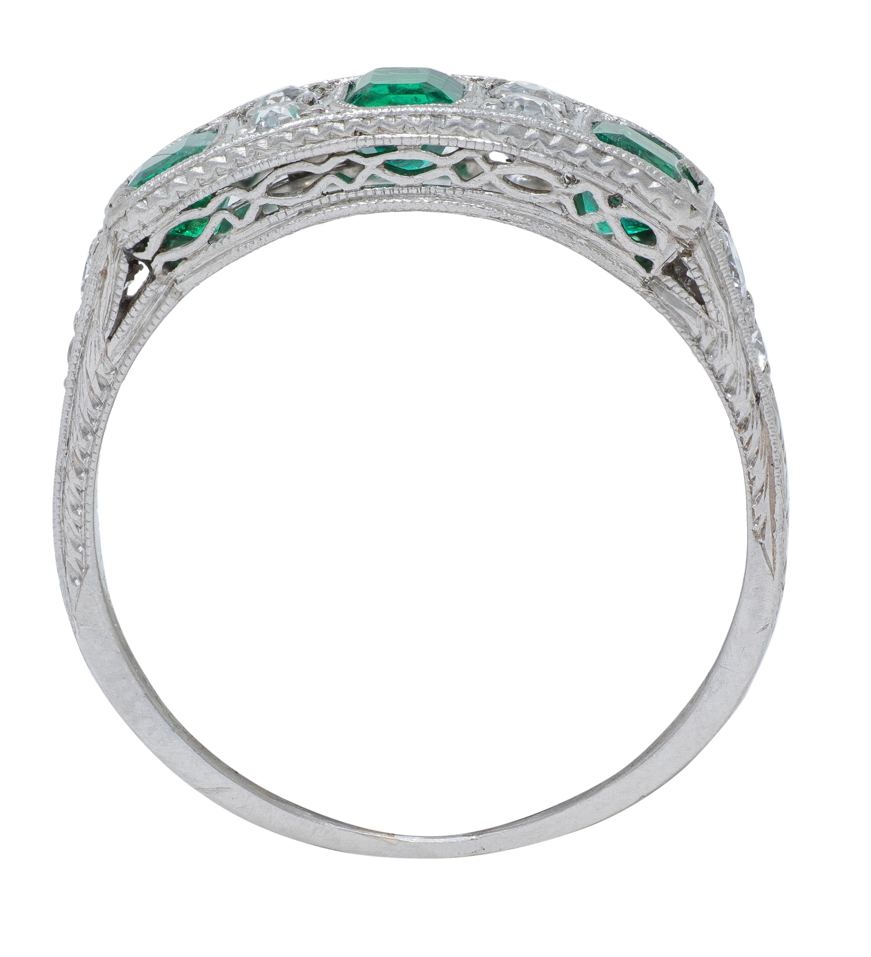 Art Deco 1.05 CTW Emerald Diamond Platinum Vintage Band Ring