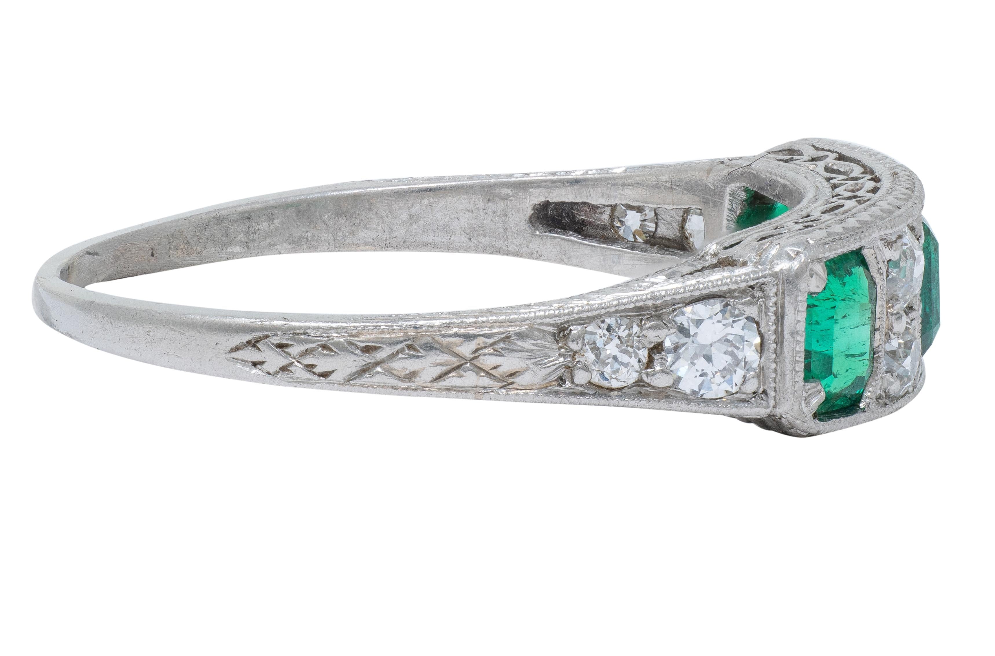 Art Deco 1.05 CTW Emerald Diamond Platinum Vintage Band Ring