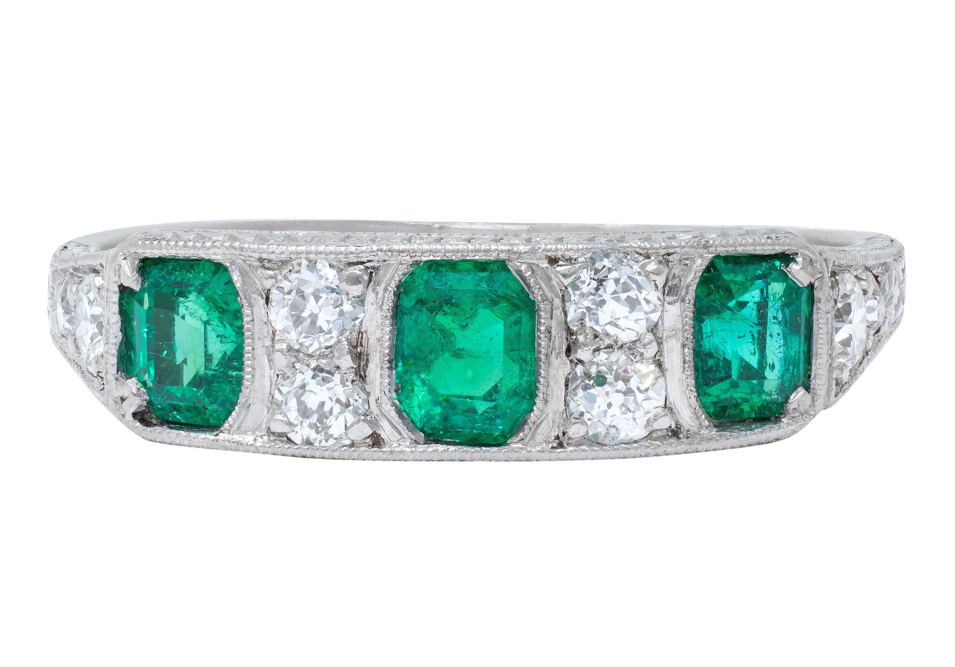 Art Deco 1.05 CTW Emerald Diamond Platinum Vintage Band Ring