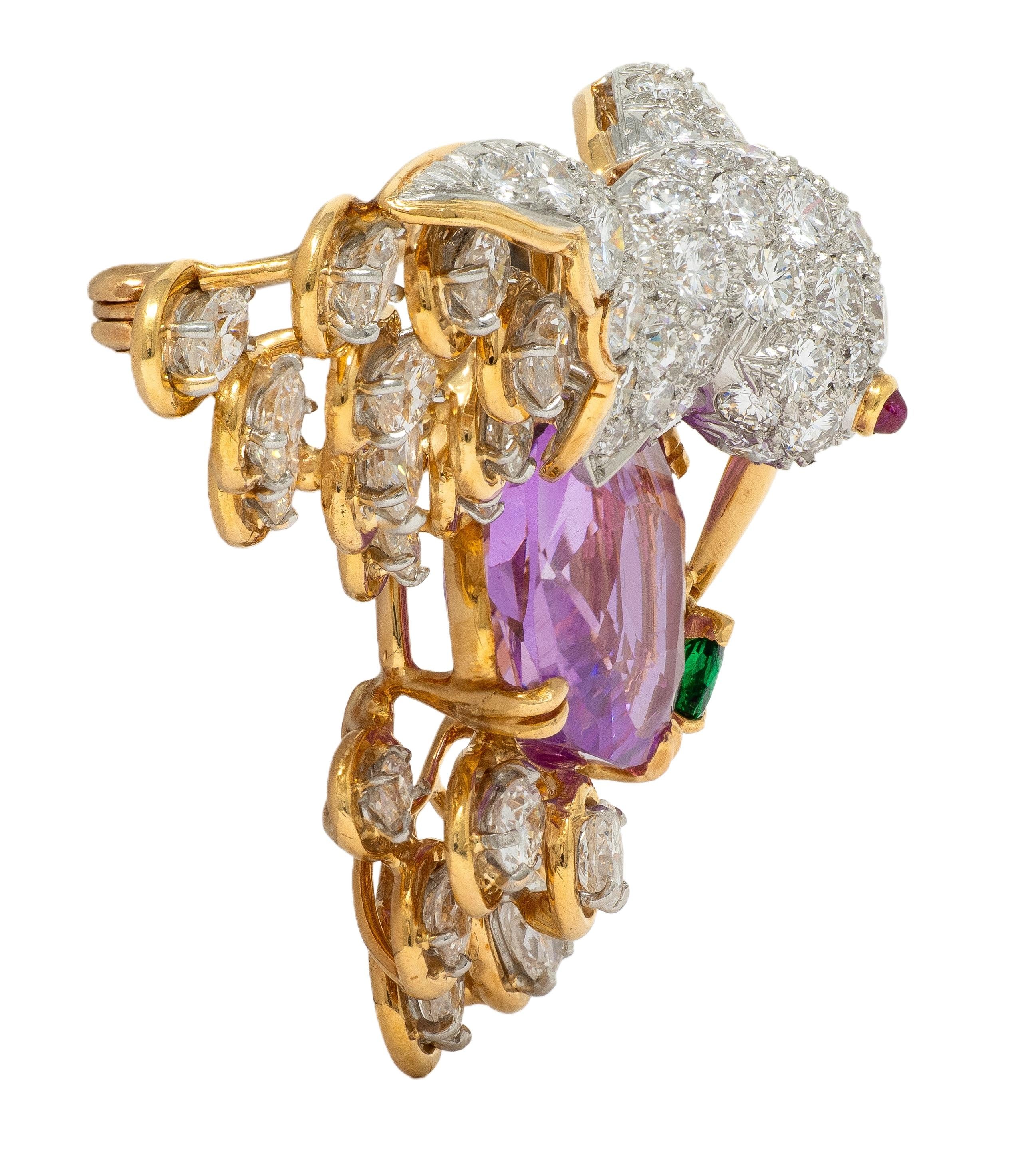 Oscar Heyman Vintage Ceylon Sapphire Multi-Gem Platinum 18K Hummingbird Brooch