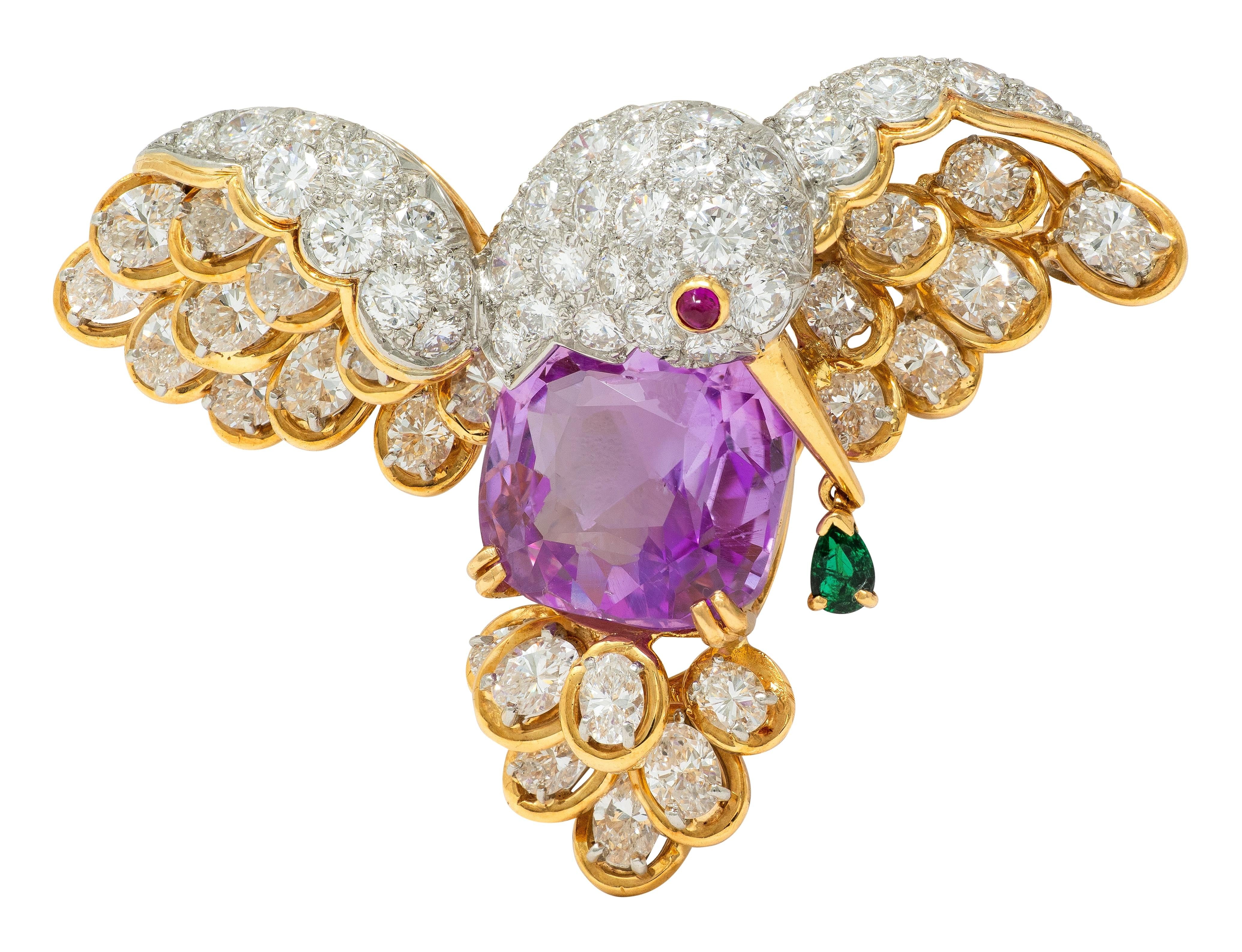 Oscar Heyman Vintage Ceylon Sapphire Multi-Gem Platinum 18K Hummingbird Brooch