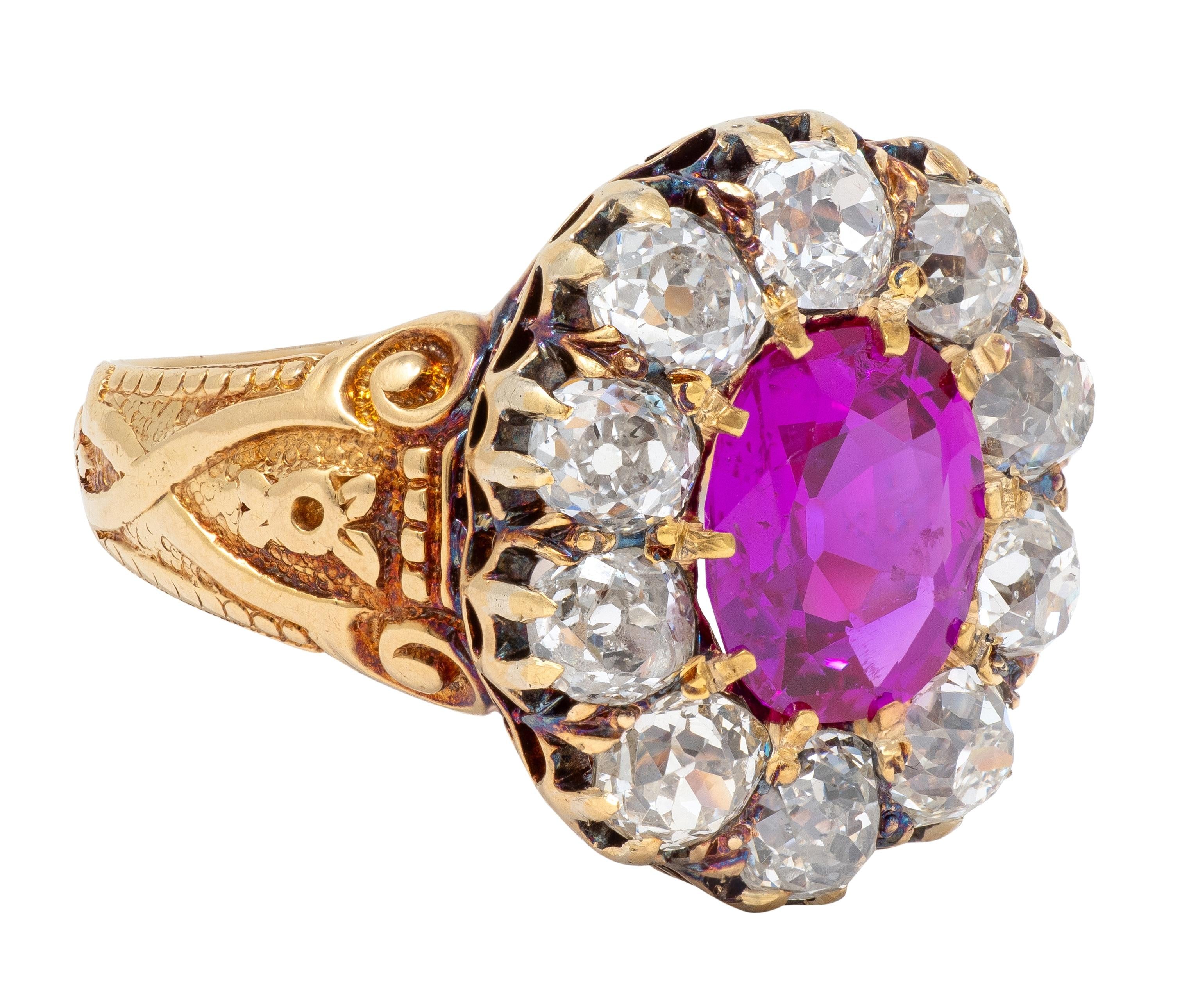 Victorian 1863 No Heat Burma Pink Sapphire Diamond 18K Gold Antique Halo Ring