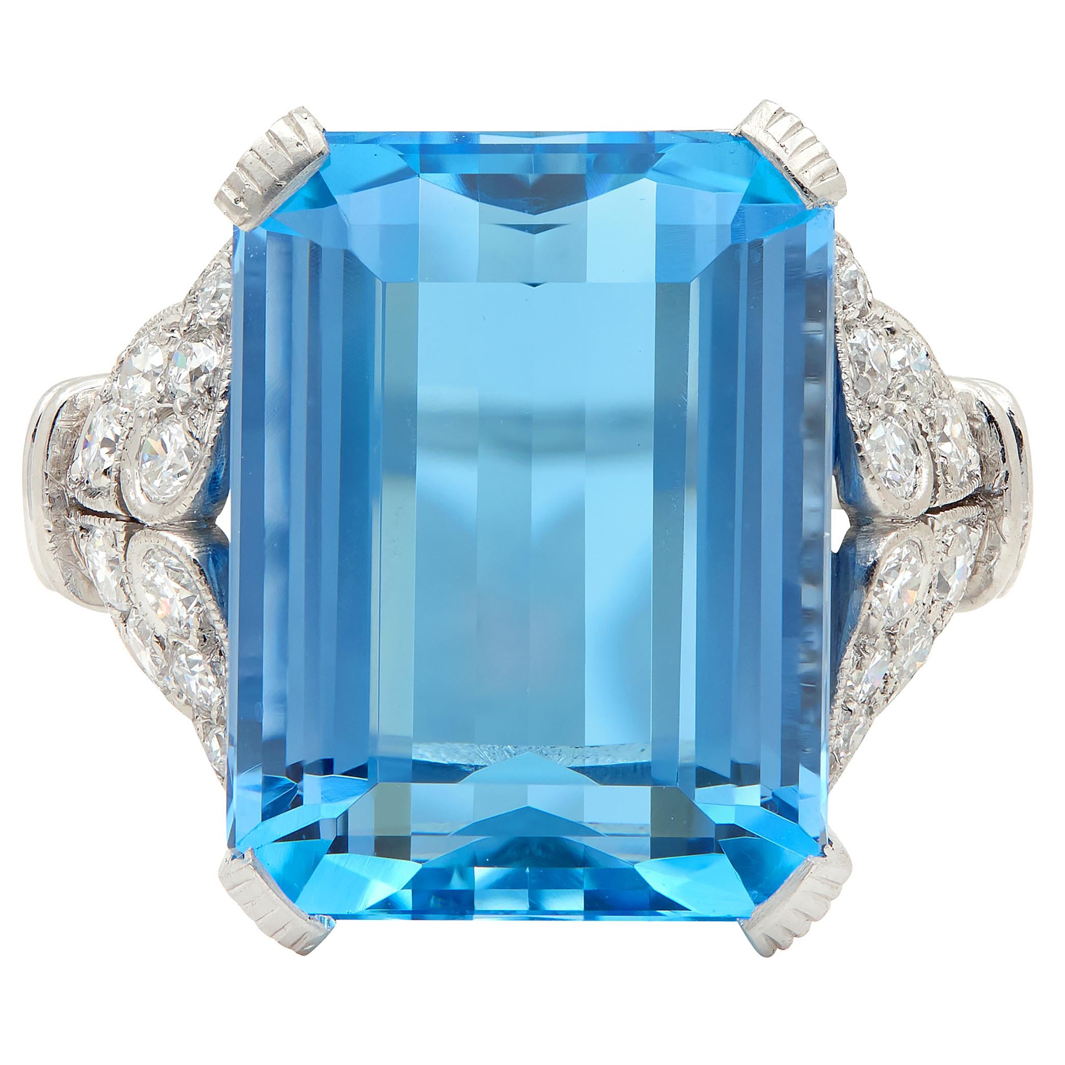Tiffany & Co. Art Deco Aquamarine Diamond Platinum Vintage Scroll Cocktail Ring