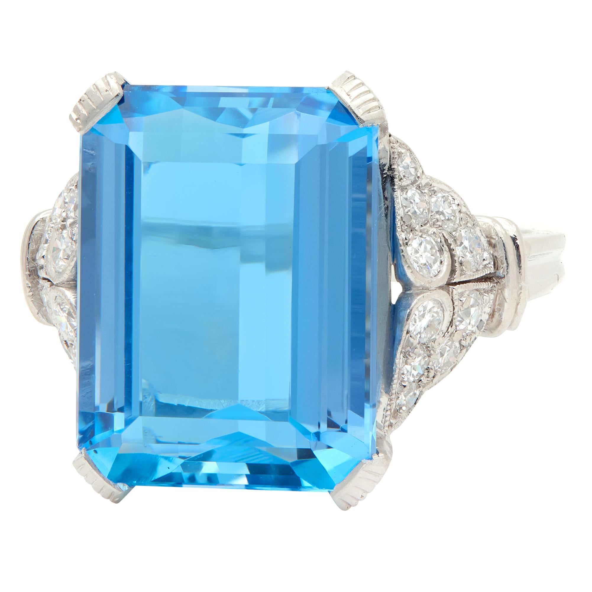 Tiffany & Co. Art Deco Aquamarine Diamond Platinum Vintage Scroll Cocktail Ring