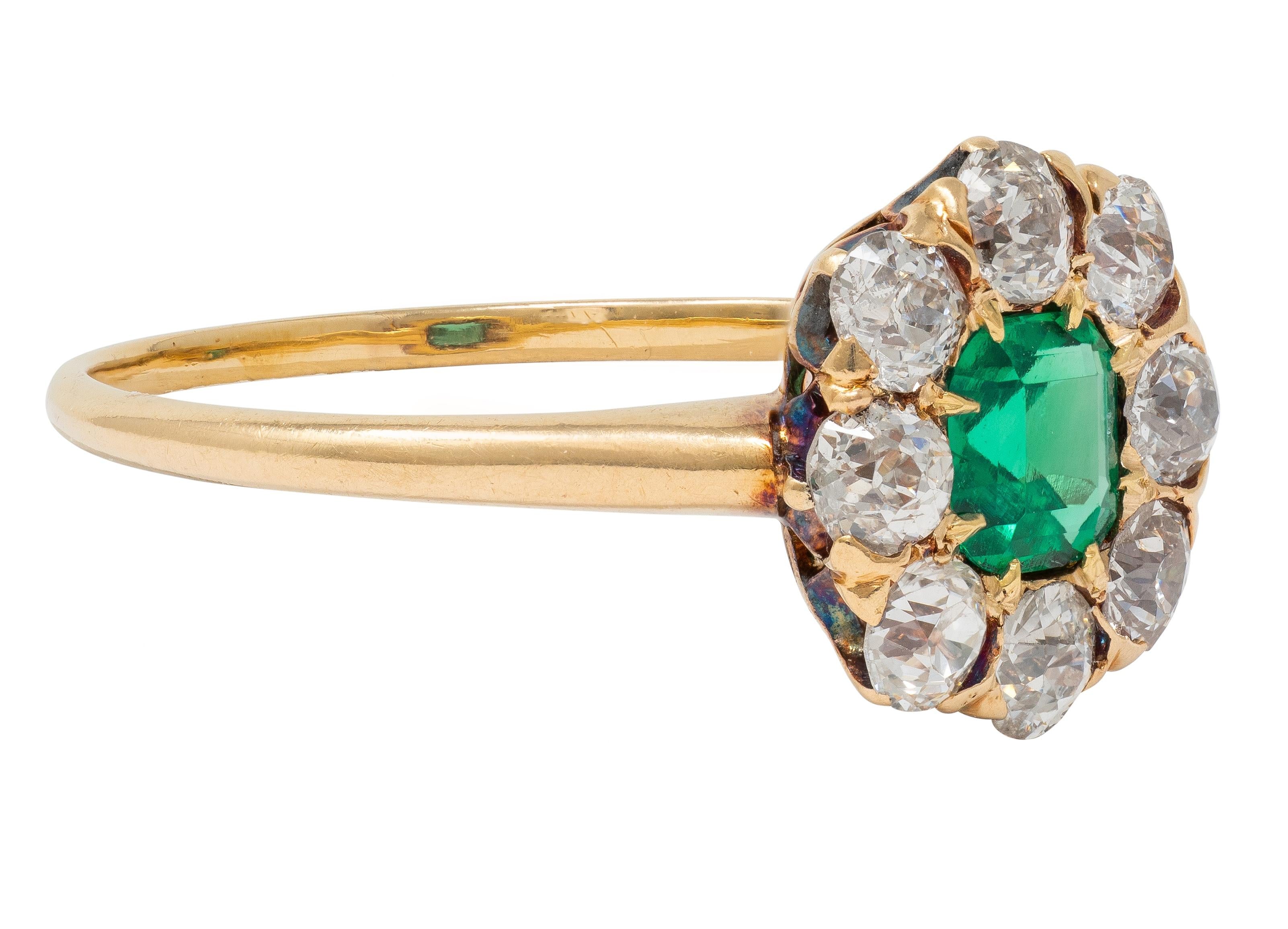 Victorian 1.23 CTW Emerald Diamond 14 Karat Yellow Gold Antique Halo Ring