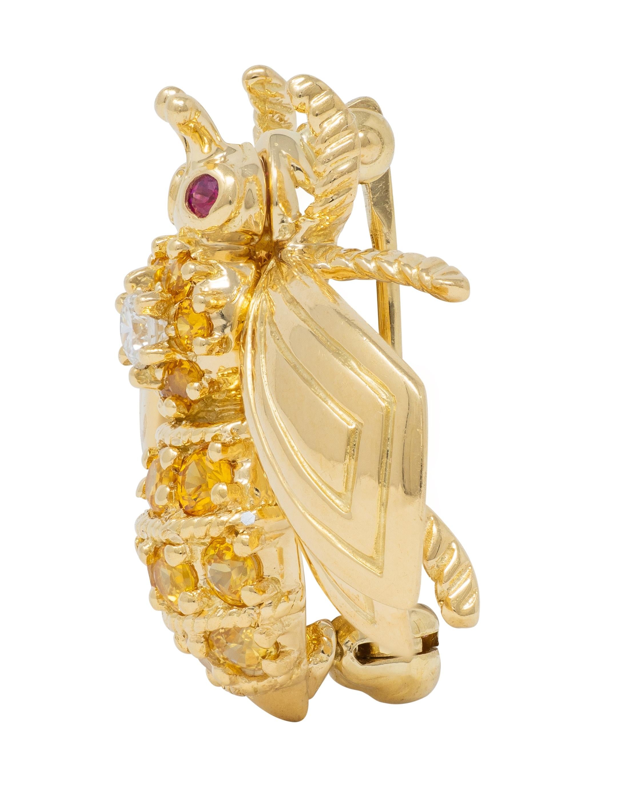 Tiffany & Co. 1980s Diamond Ruby Sapphire 18K Yellow Gold Vintage Bee Bug Brooch