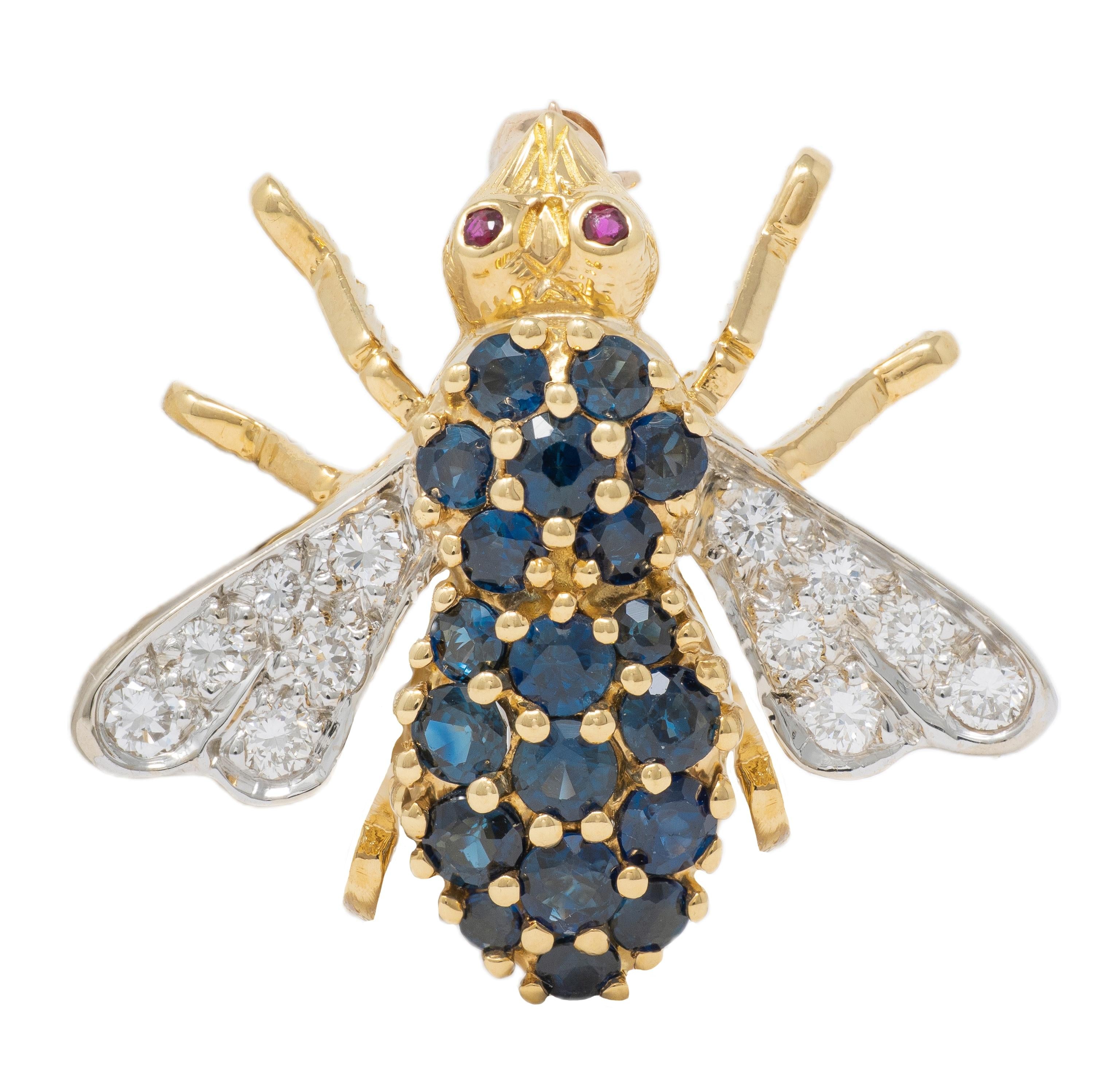 Tiffany & Co. 1960's Diamond Sapphire Ruby Platinum 18K Gold Vintage Bee Brooch