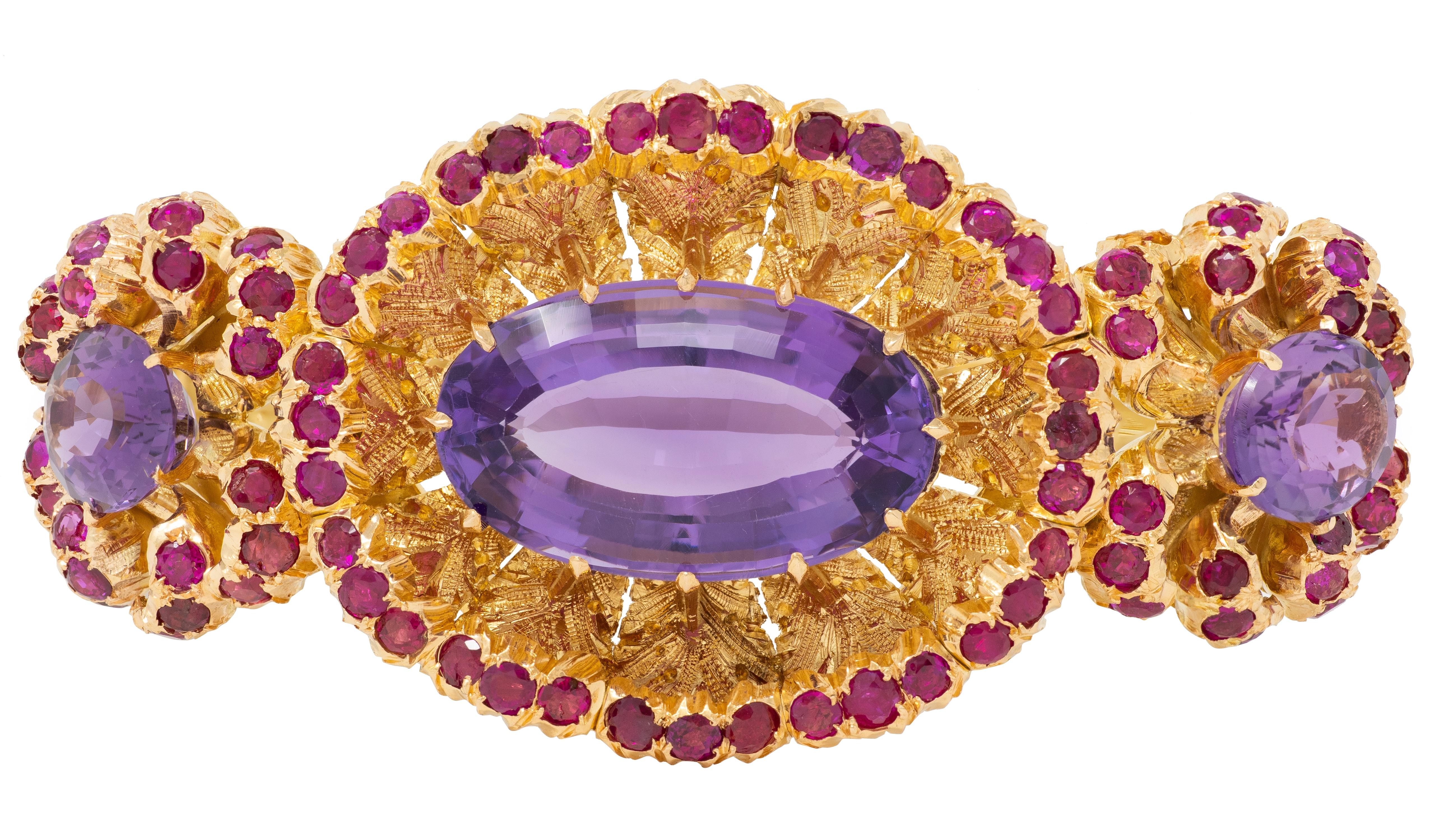 Buccellati 1960 36.79 CTW Amethyst Ruby 18K Gold Vintage Floral Bangle Bracelet