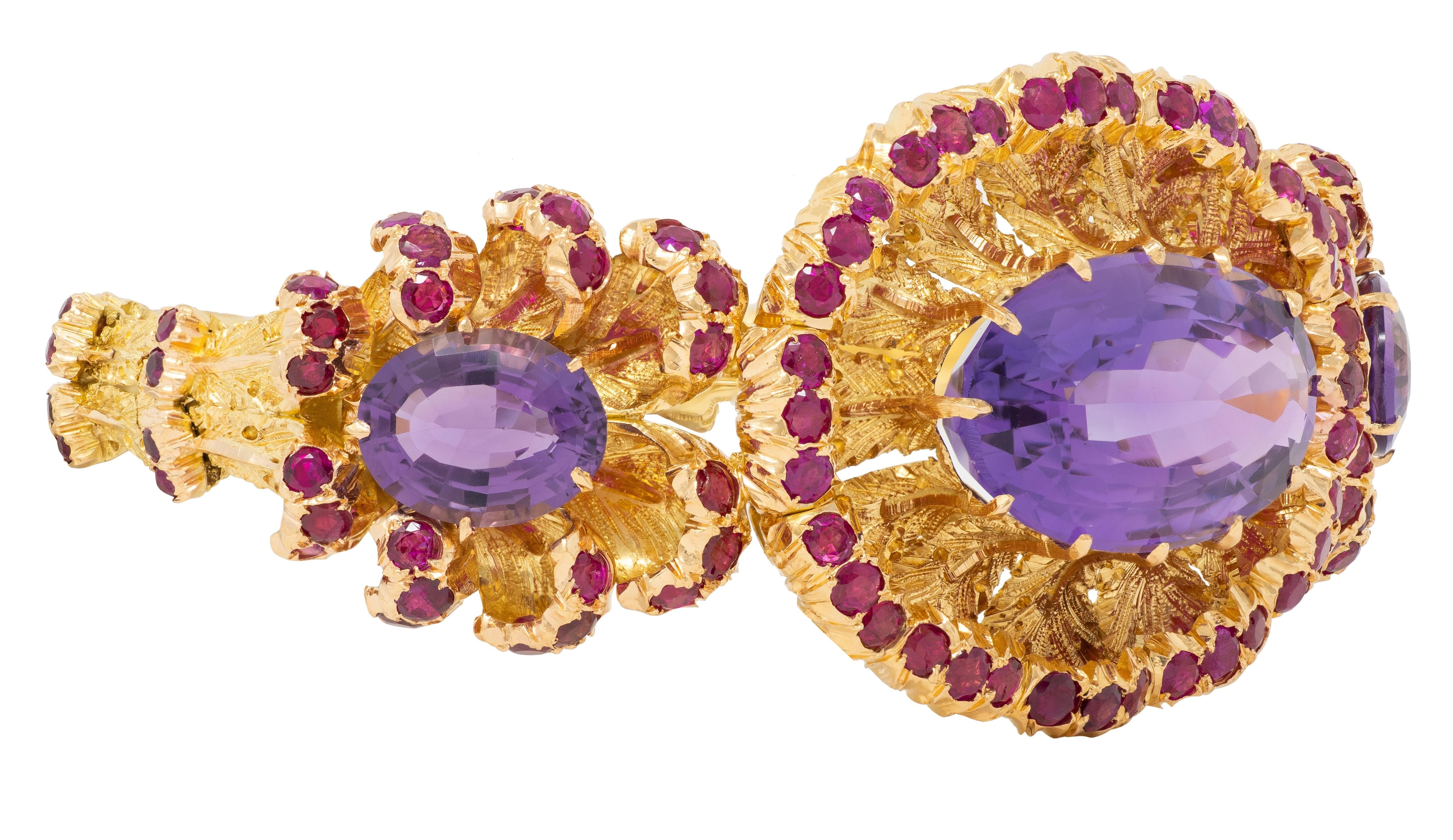 Buccellati 1960 36.79 CTW Amethyst Ruby 18K Gold Vintage Floral Bangle Bracelet