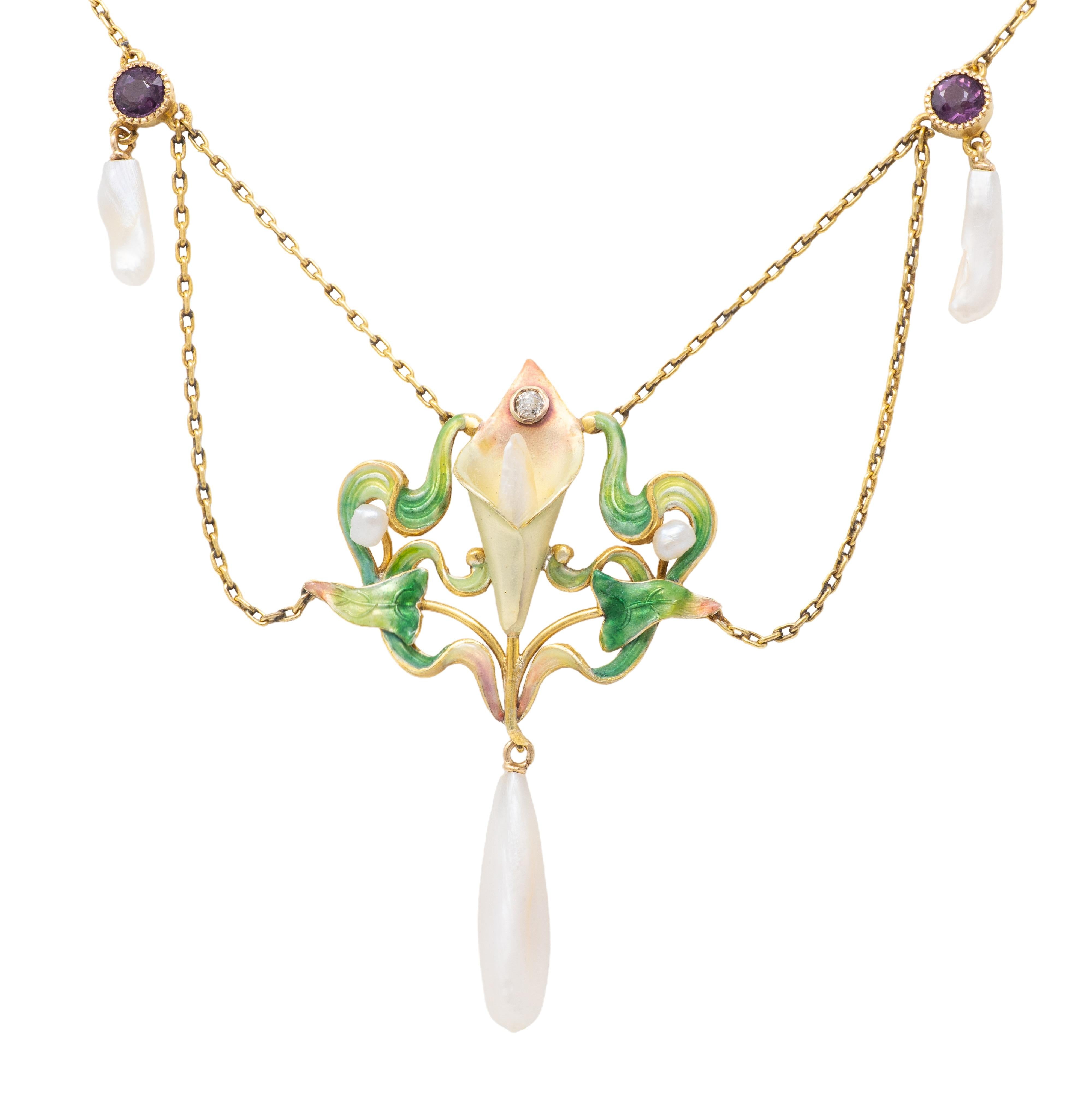 Art Nouveau Diamond Amethyst Pearl 14K Gold Antique Swagged Calla Lily Necklace