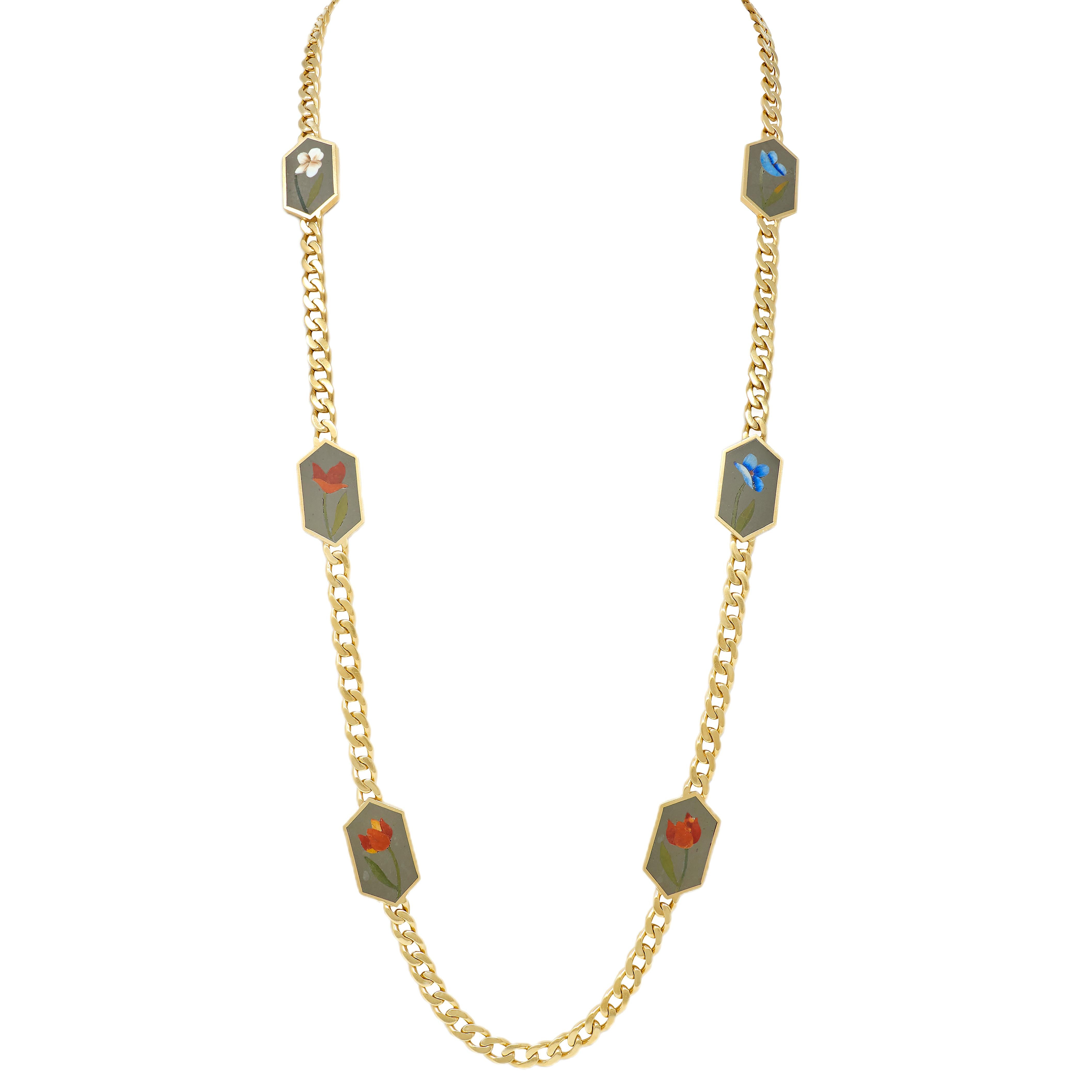 Bulgari 1970's Inlay Multi-Gem 18K Gold Vintage Curb Link Chain Floral Necklace