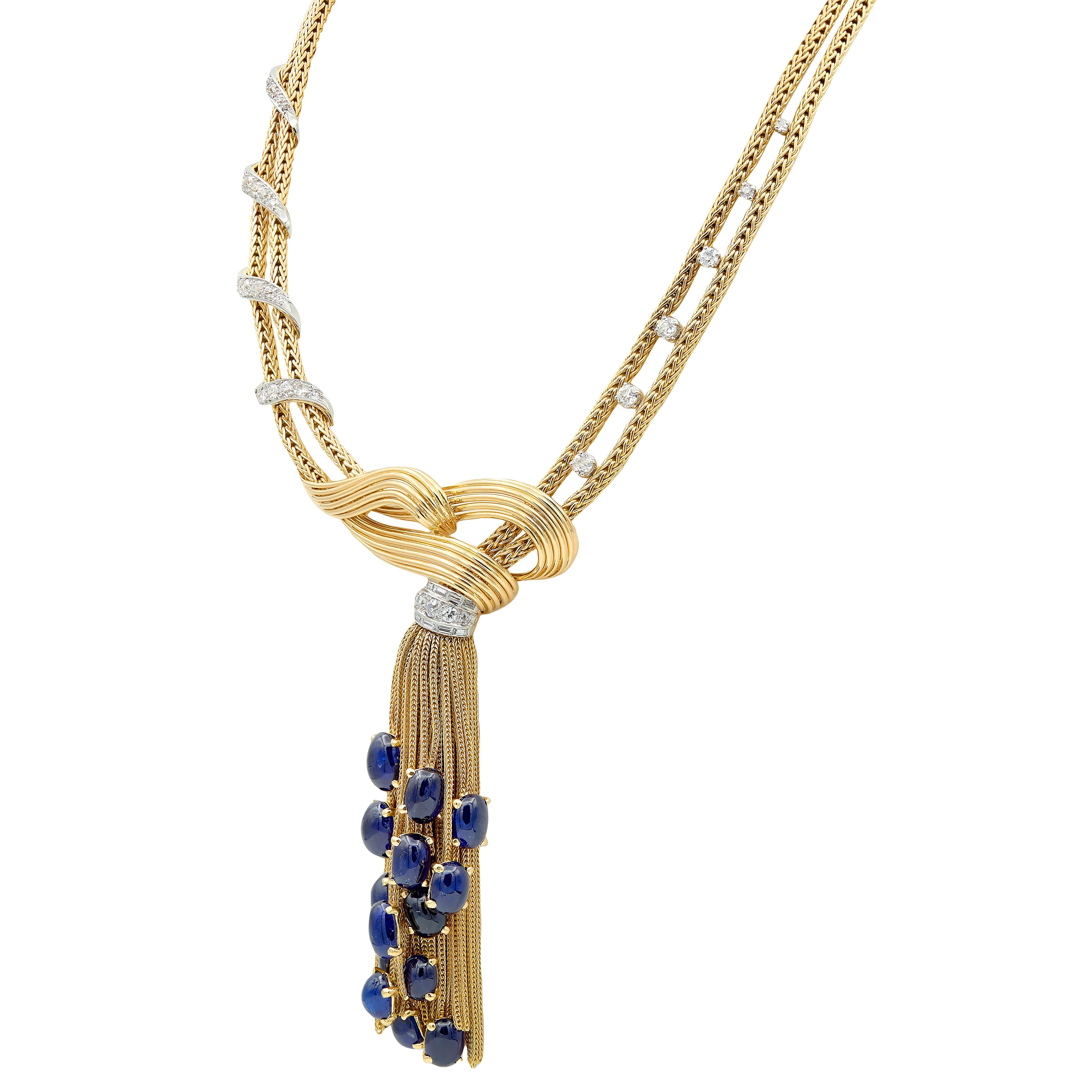 Boucheron Paris 1950's Sapphire Diamond 18K Yellow Gold Platinum Tassel Necklace