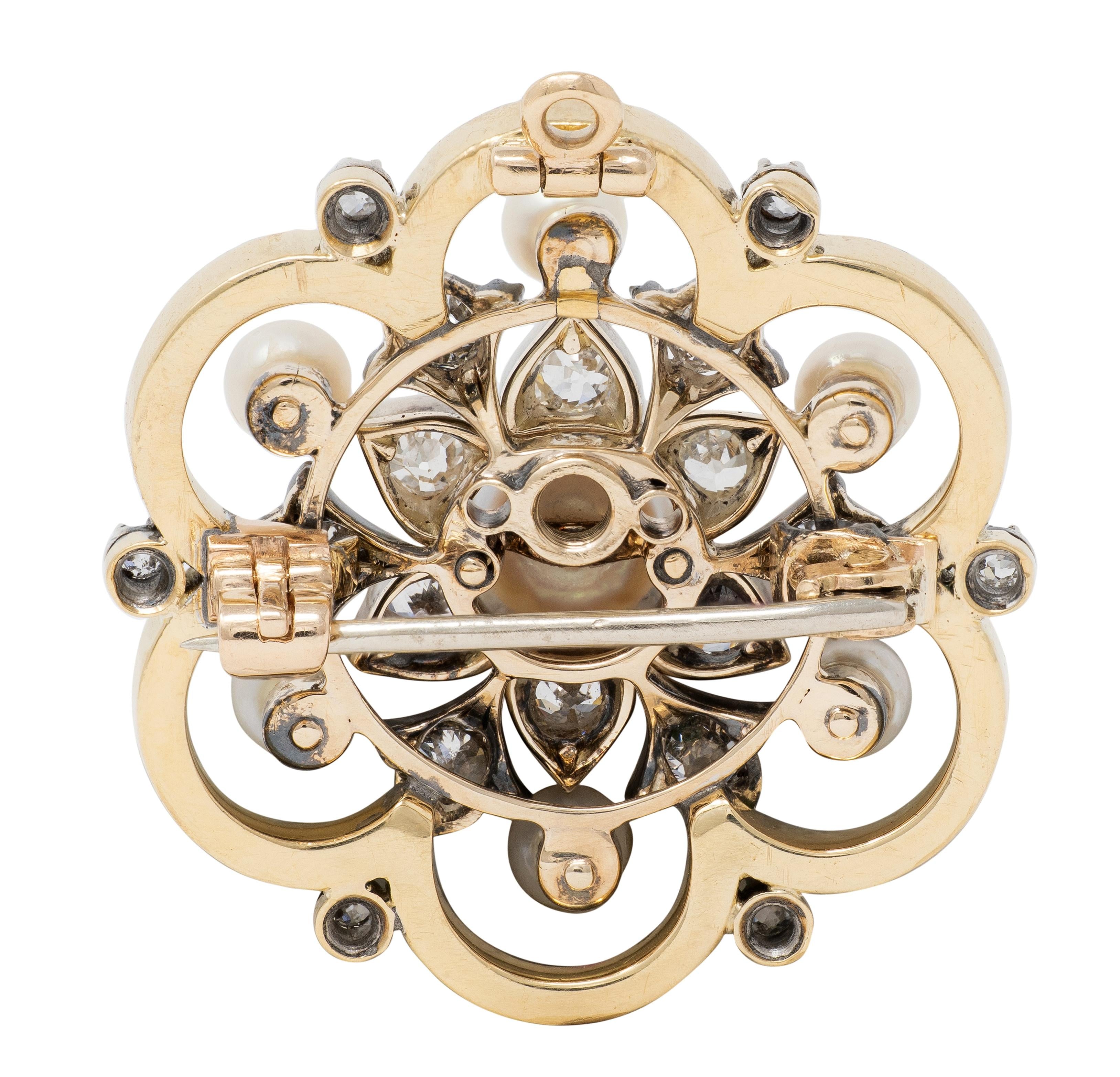 Victorian Pearl Old Mine Diamond Enamel 18K Gold Silver Antique Pendant Brooch