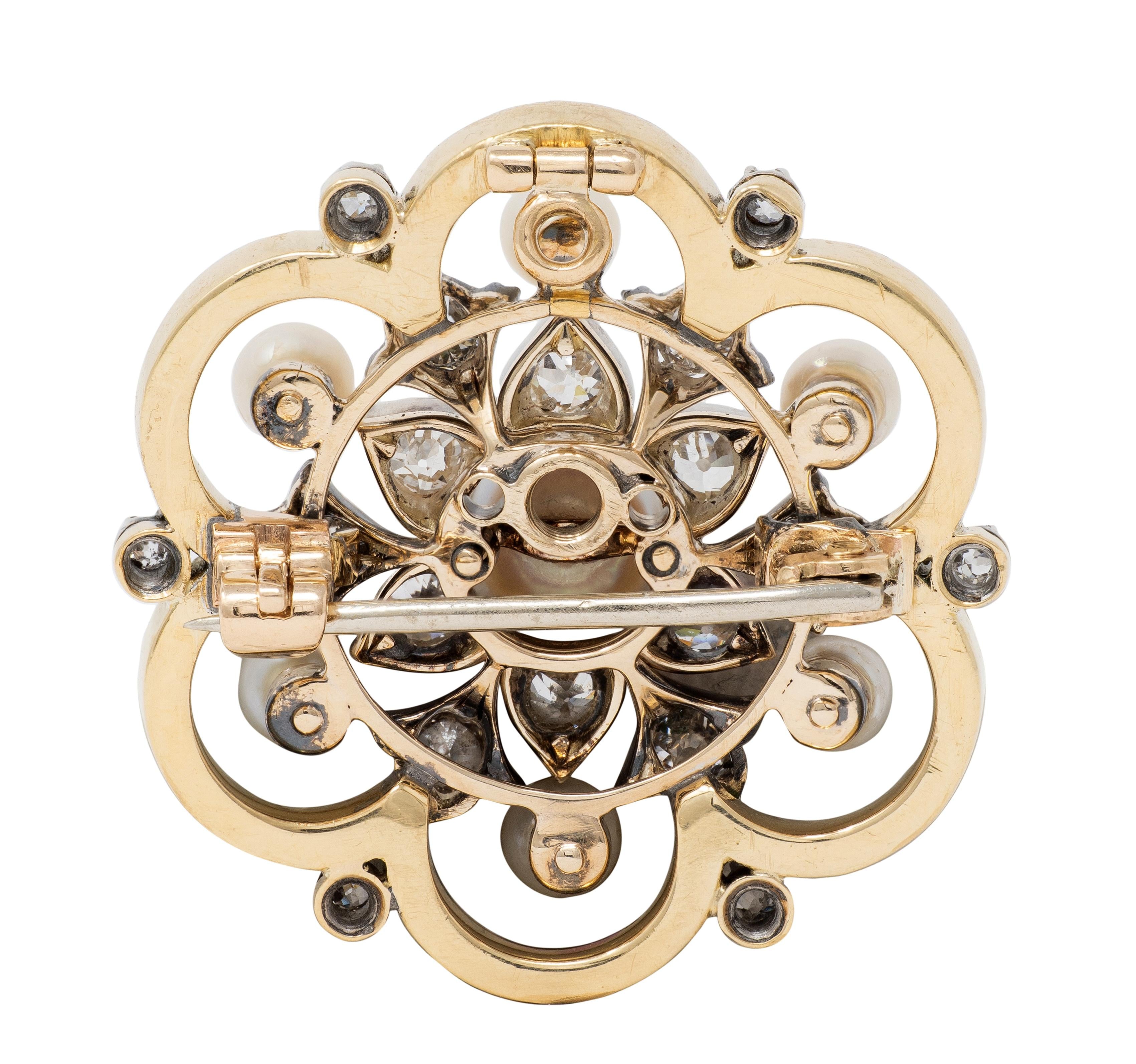 Victorian Pearl Old Mine Diamond Enamel 18K Gold Silver Antique Pendant Brooch