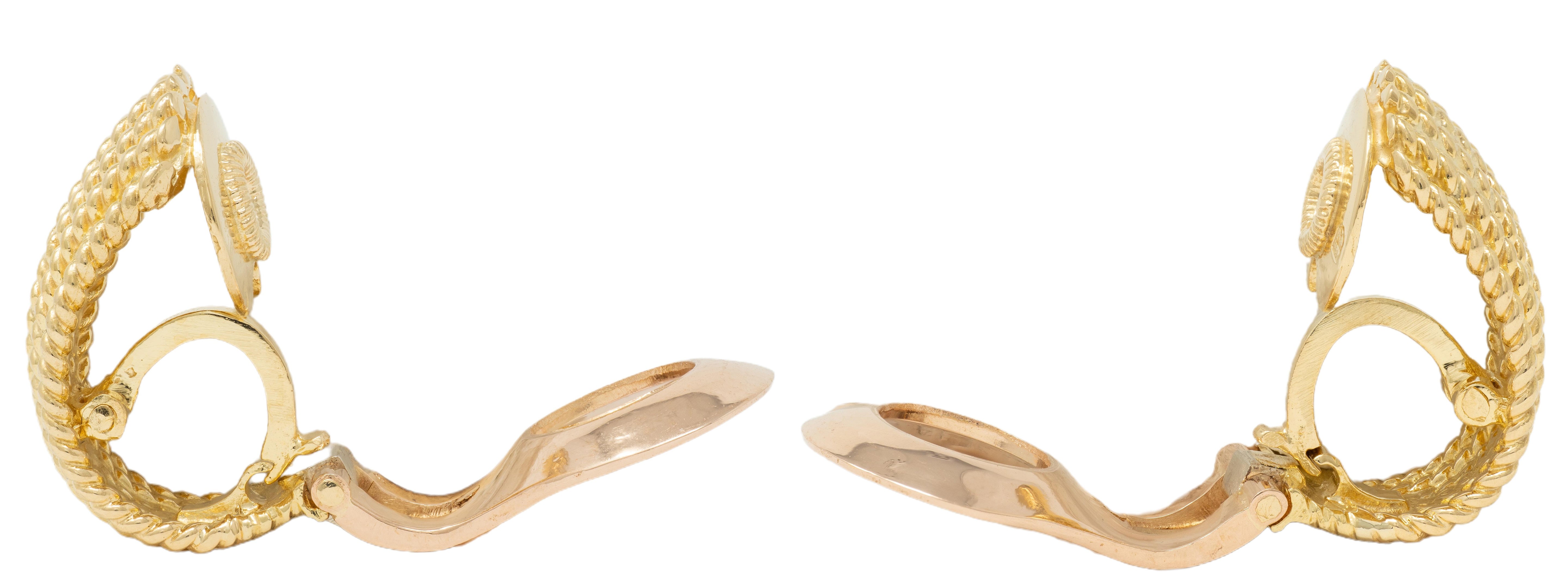 Van Cleef & Arpels French 1960's 18K Gold Twisted Rope J-Hoop Ear-Clip Earrings