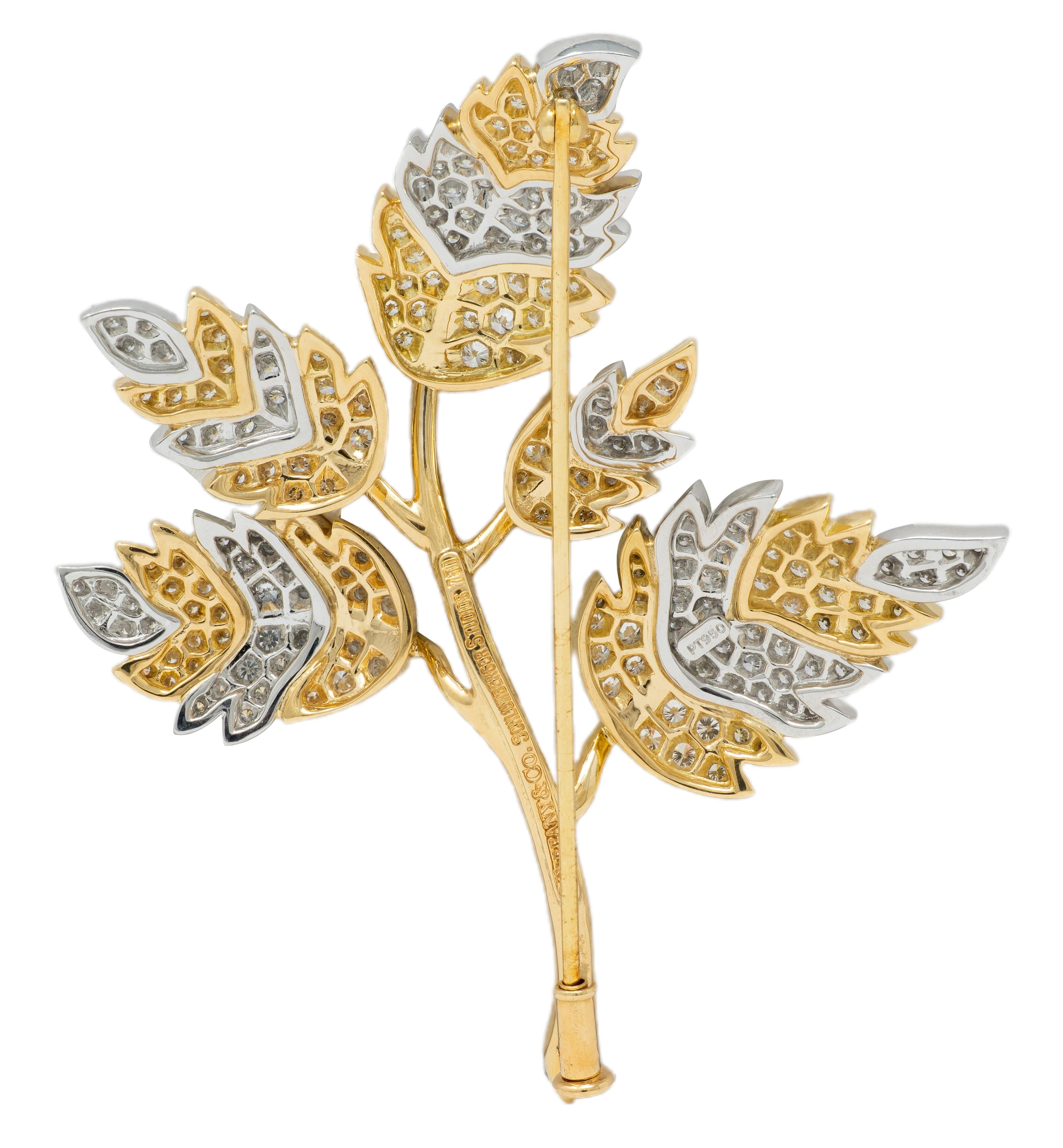 Schlumberger Tiffany & Co. Diamond Platinum 18 Karat Yellow Gold 5 Leaf Brooch