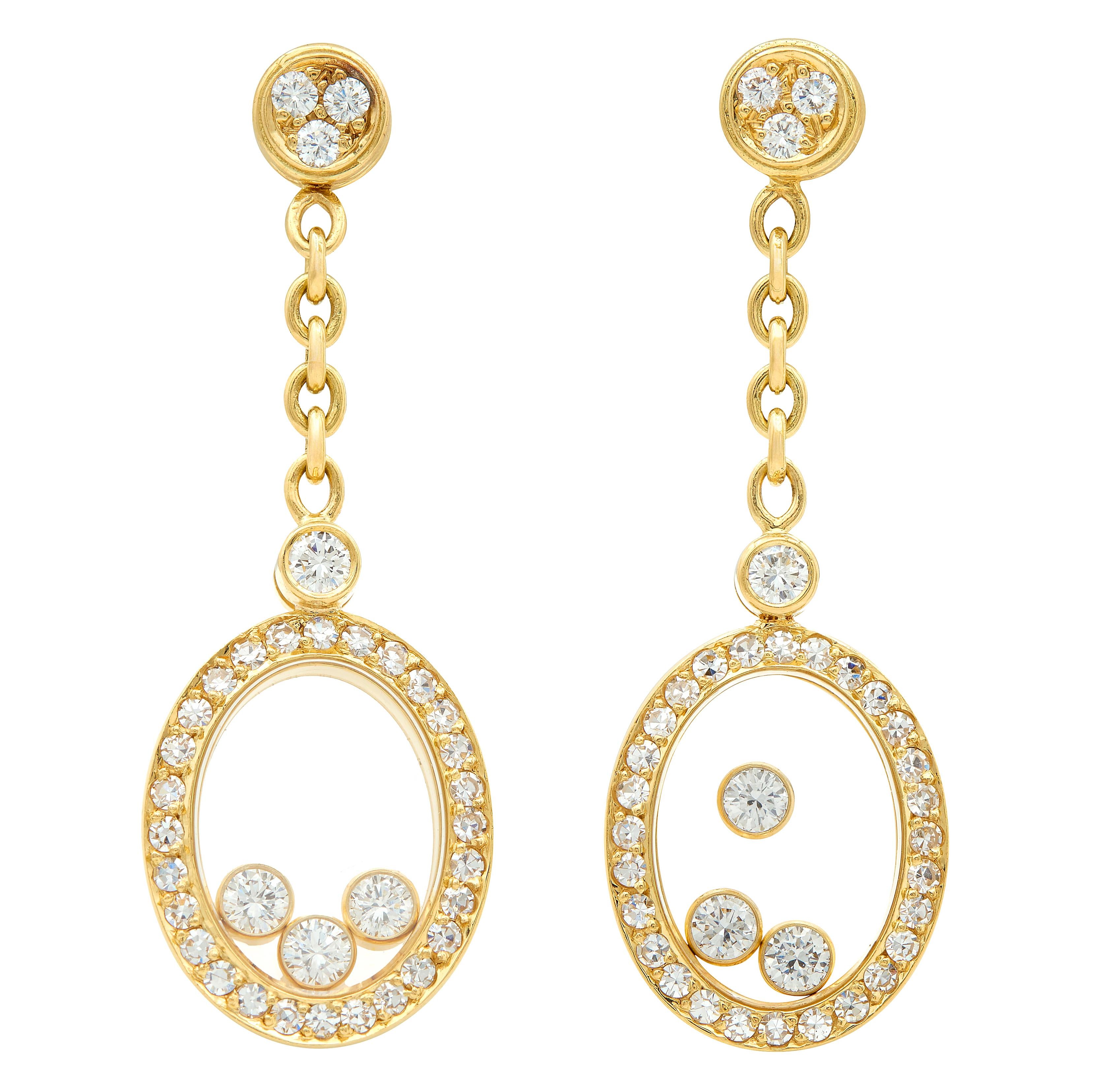 Chopard 2000 1.00 CTW Diamond 18 Karat Yellow Gold Happy Diamonds Drop Earrings