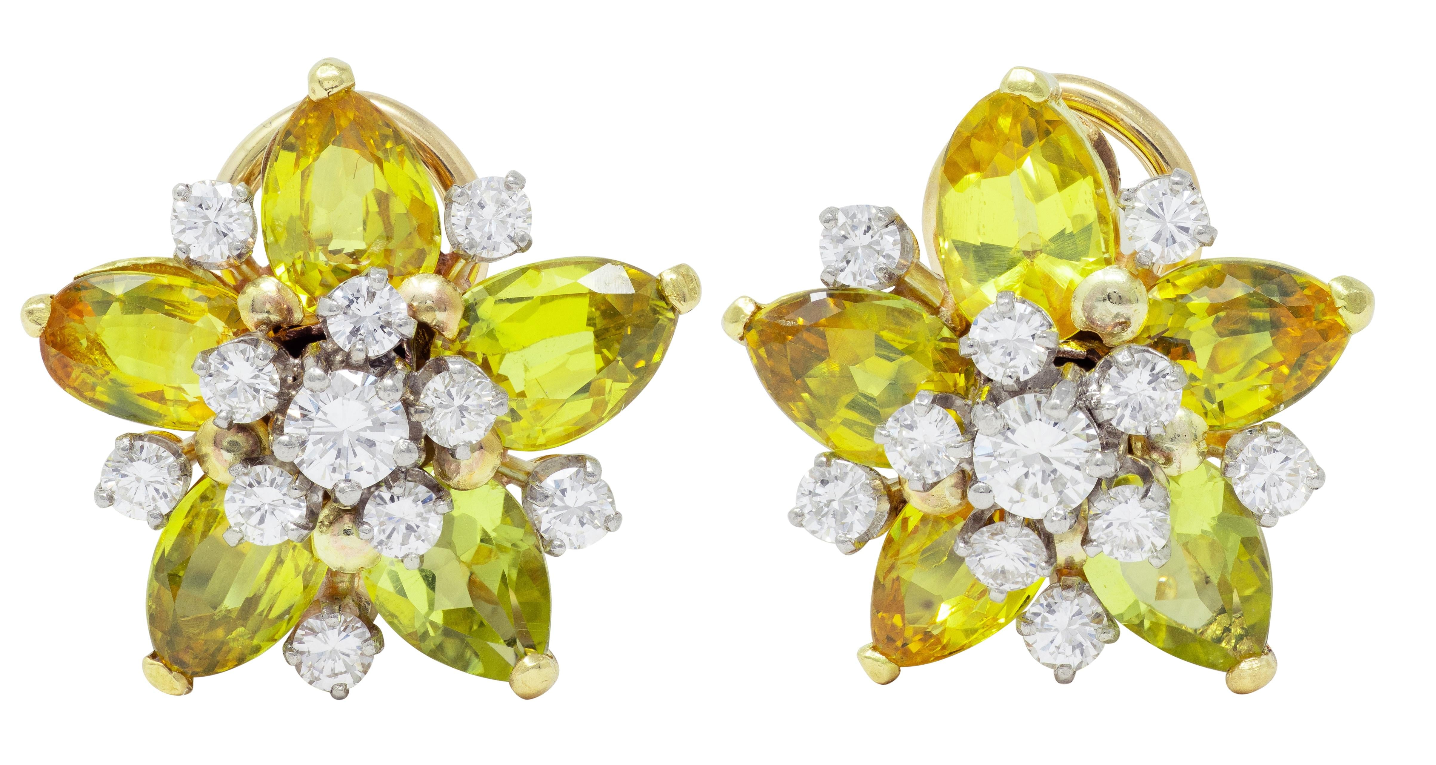 1950s Diamond Lemon Quartz Platinum 18K Tremblant Star Vintage Ear-Clip Earrings