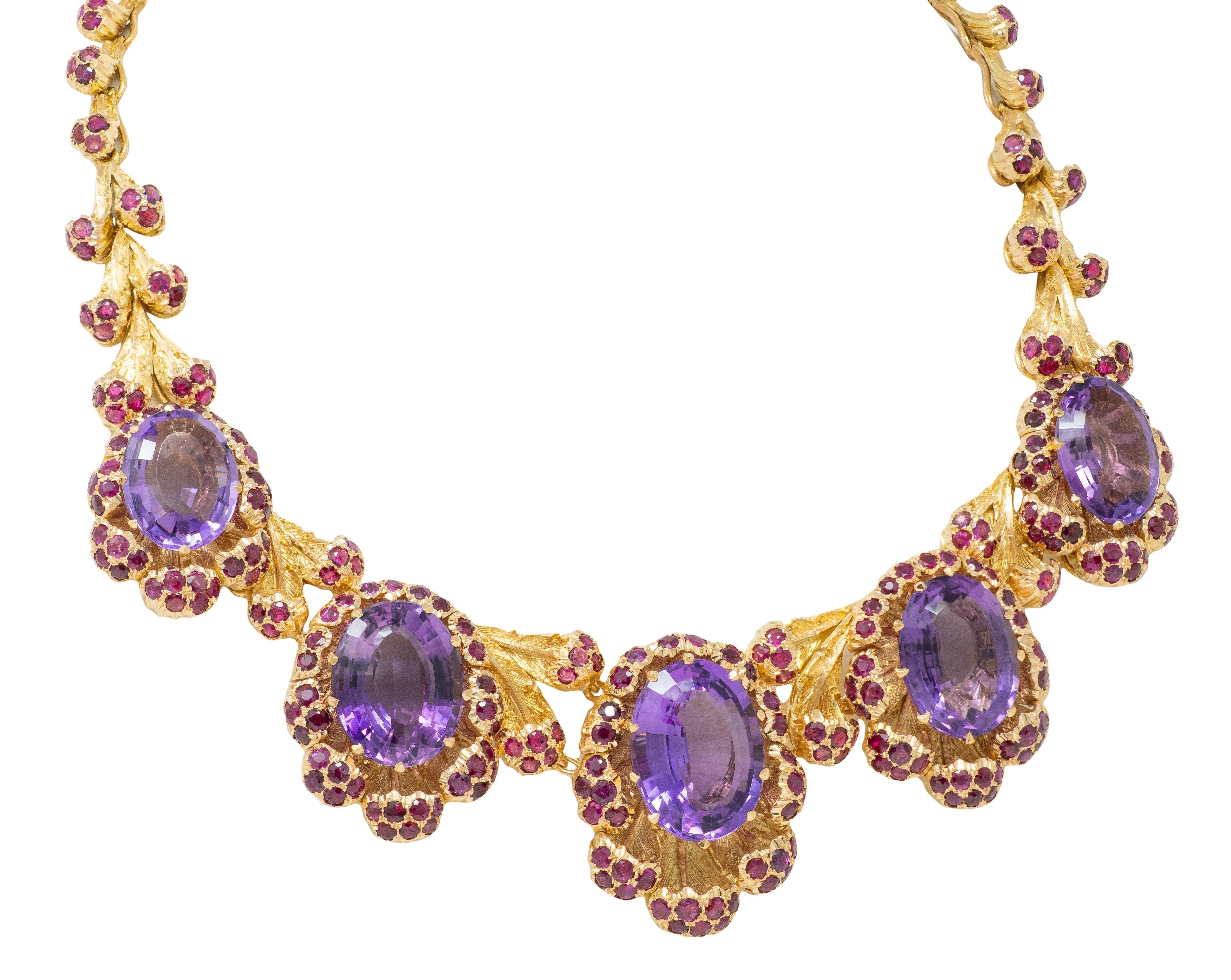 Buccellati 1960 132.76 CTW Amethyst Ruby 18K Gold Vintage Floral Collar Necklace