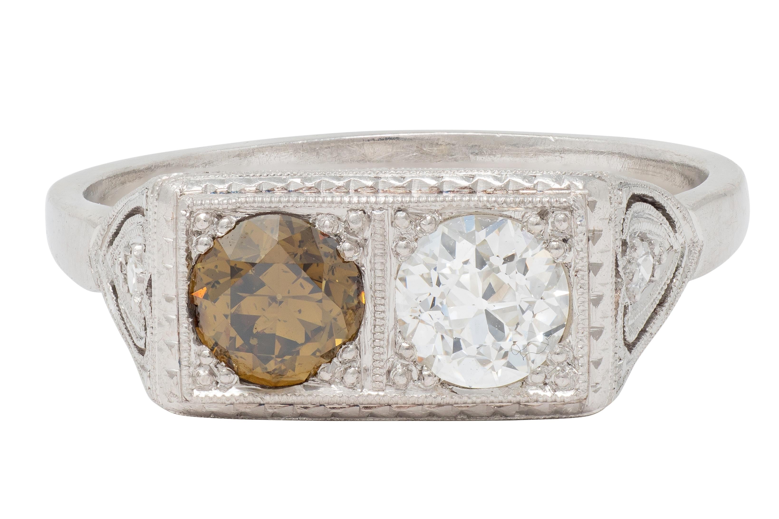 Art Deco Fancy Diamond Platinum Vintage Toi Et Moi Heart Engagement Ring