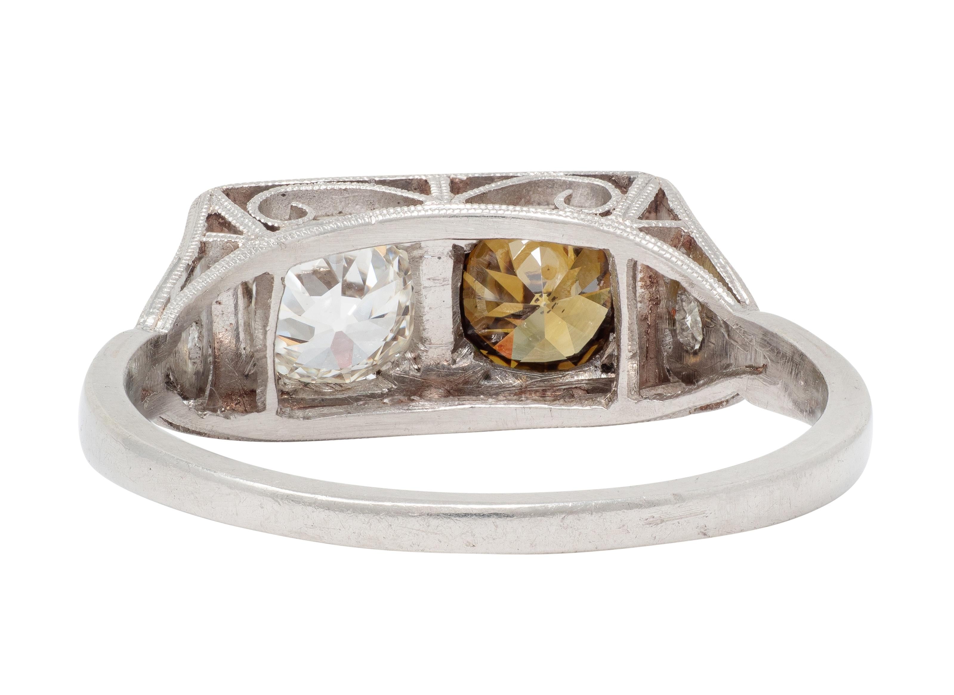 Art Deco Fancy Diamond Platinum Vintage Toi Et Moi Heart Engagement Ring