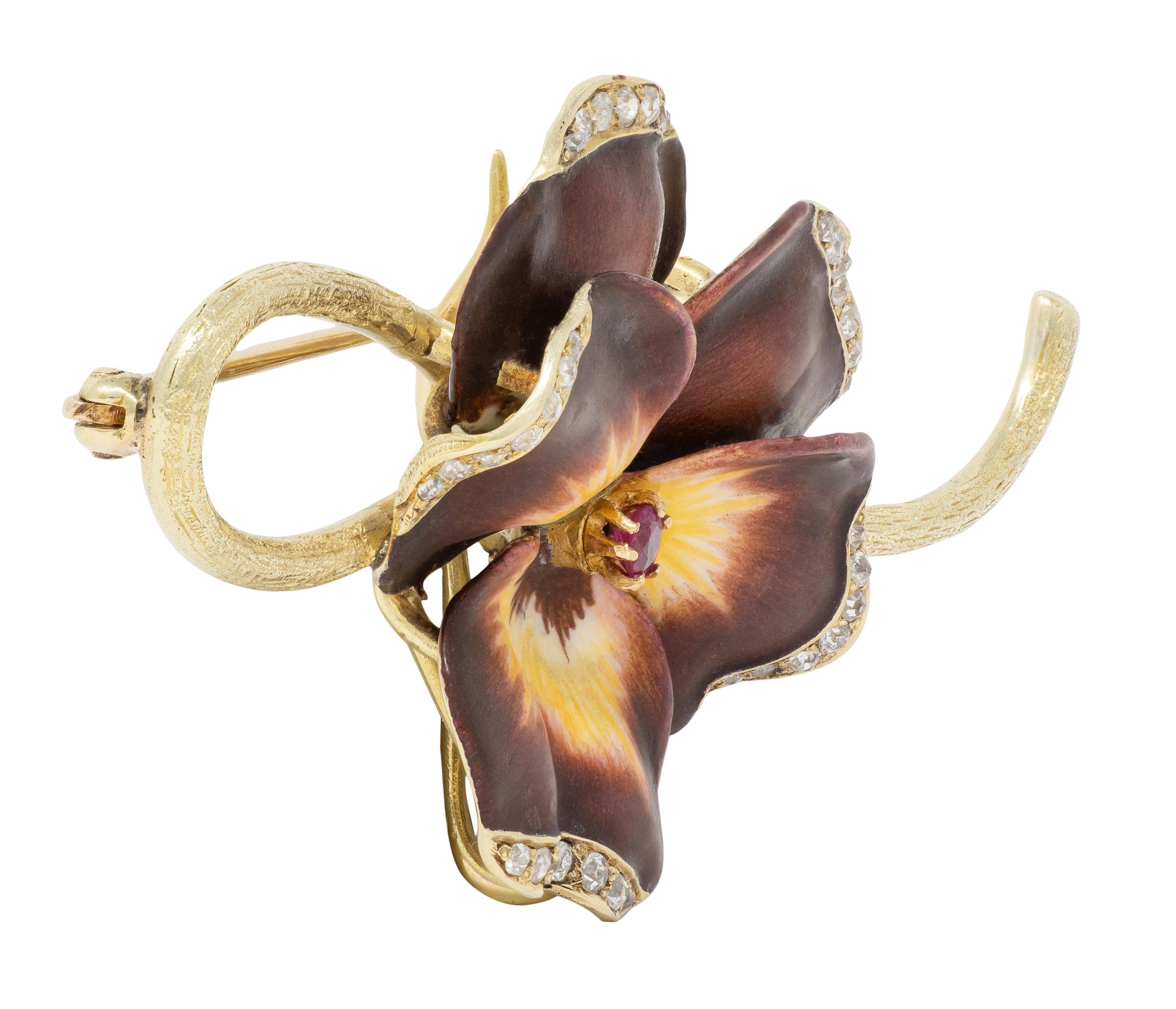 Hedges & Co. Art Nouveau Diamond Ruby Maroon Enamel 14K Antique Pansy Brooch