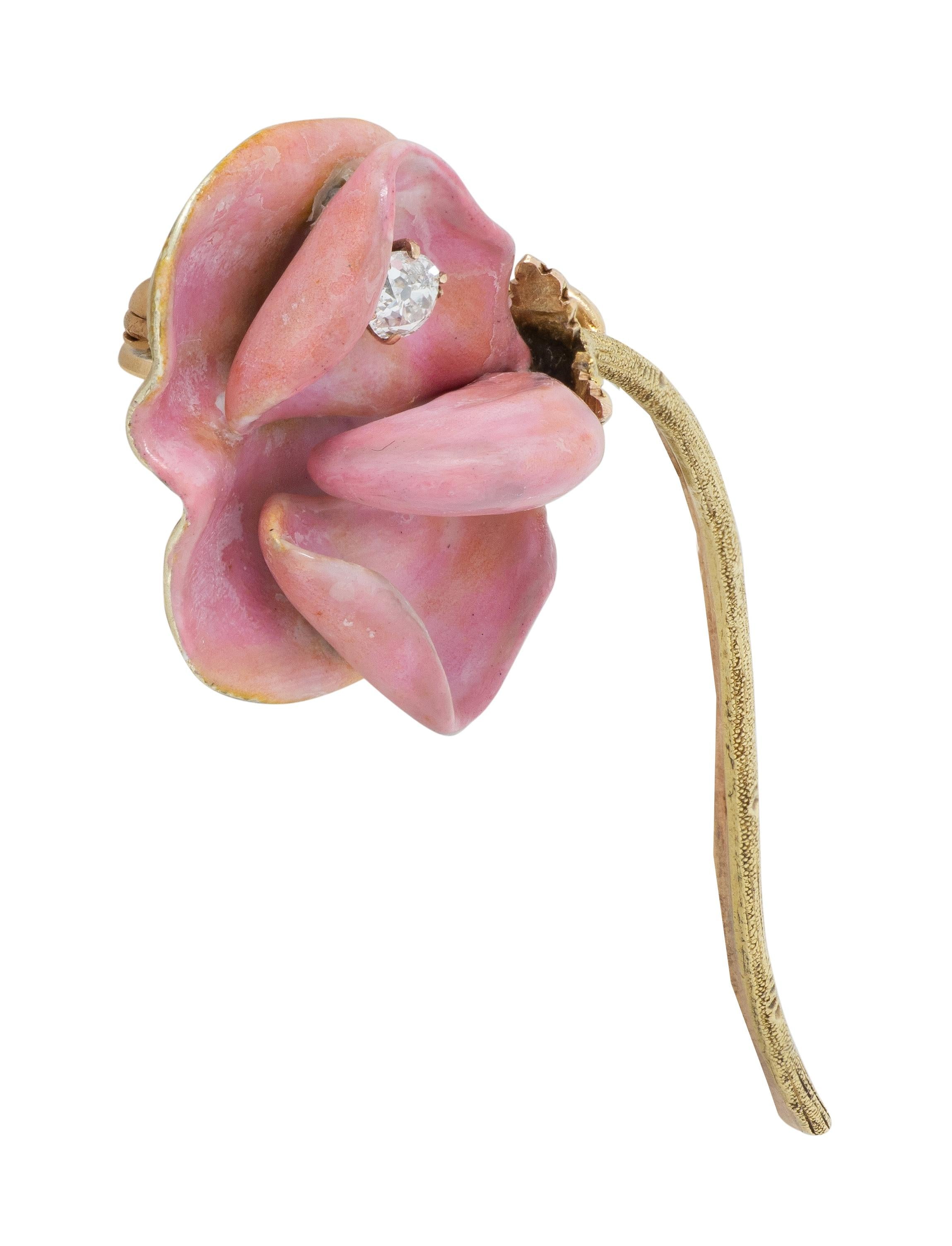 Art Nouveau Pink Enamel 14 Karat Yellow Gold Antique Sweetpea Flower Brooch