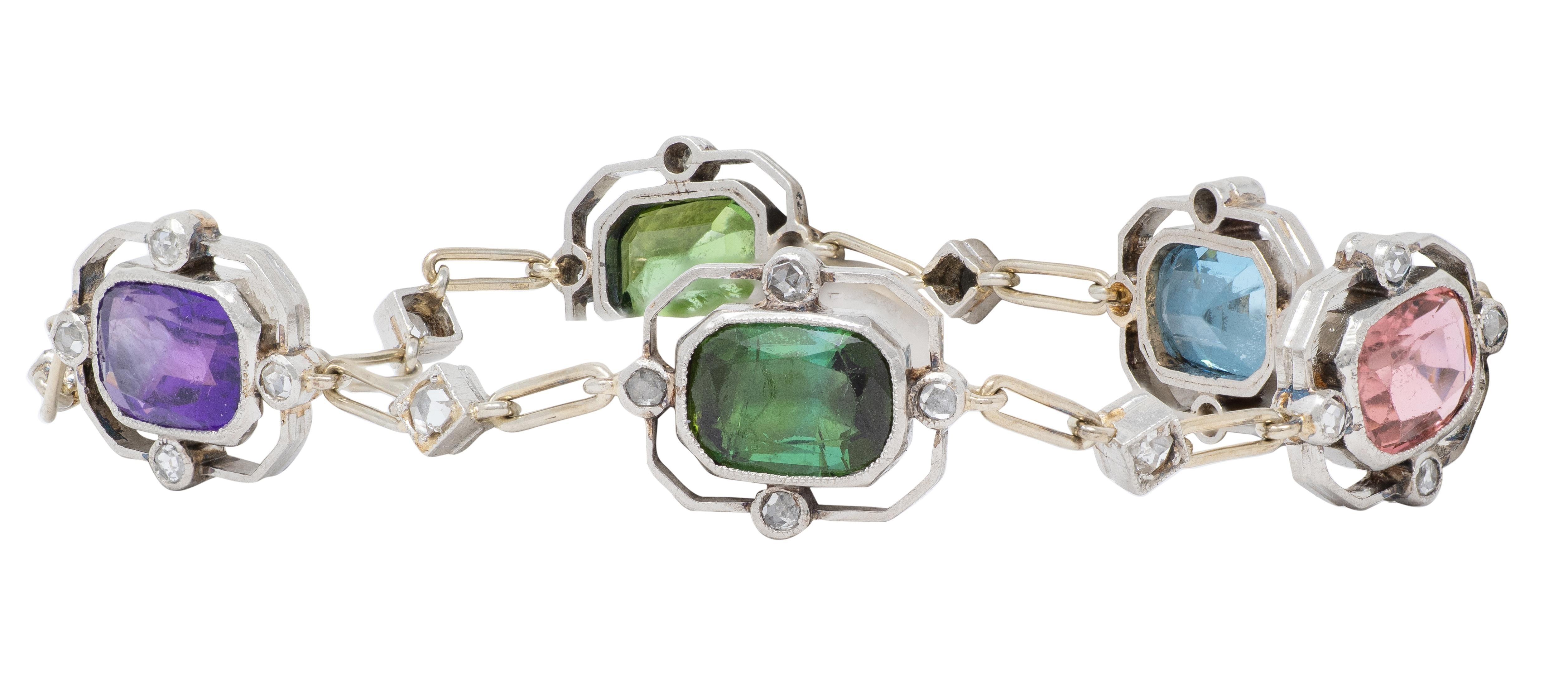 Art Deco Diamond Multi-Gem Platinum 18K Antique Quatrefoil Link Bracelet Set