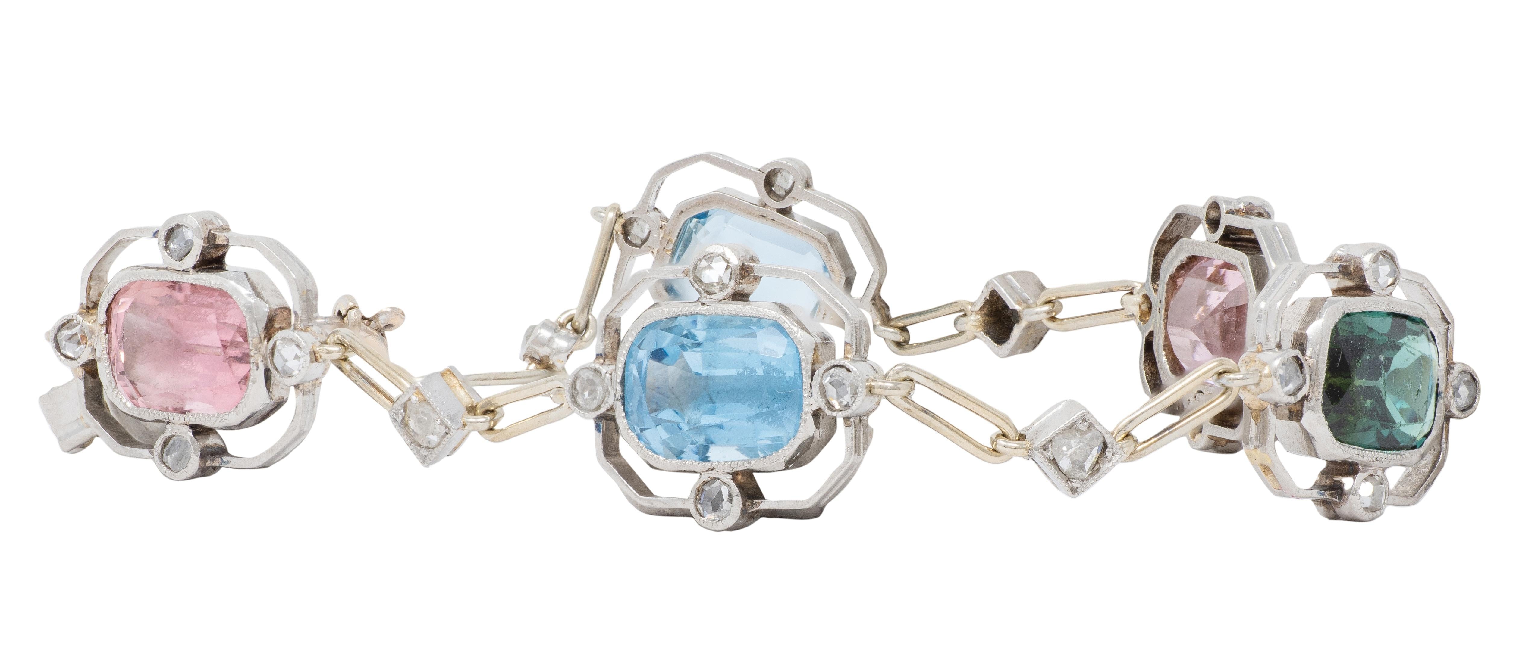 Art Deco Diamond Multi-Gem Platinum 18K Antique Quatrefoil Link Bracelet Set