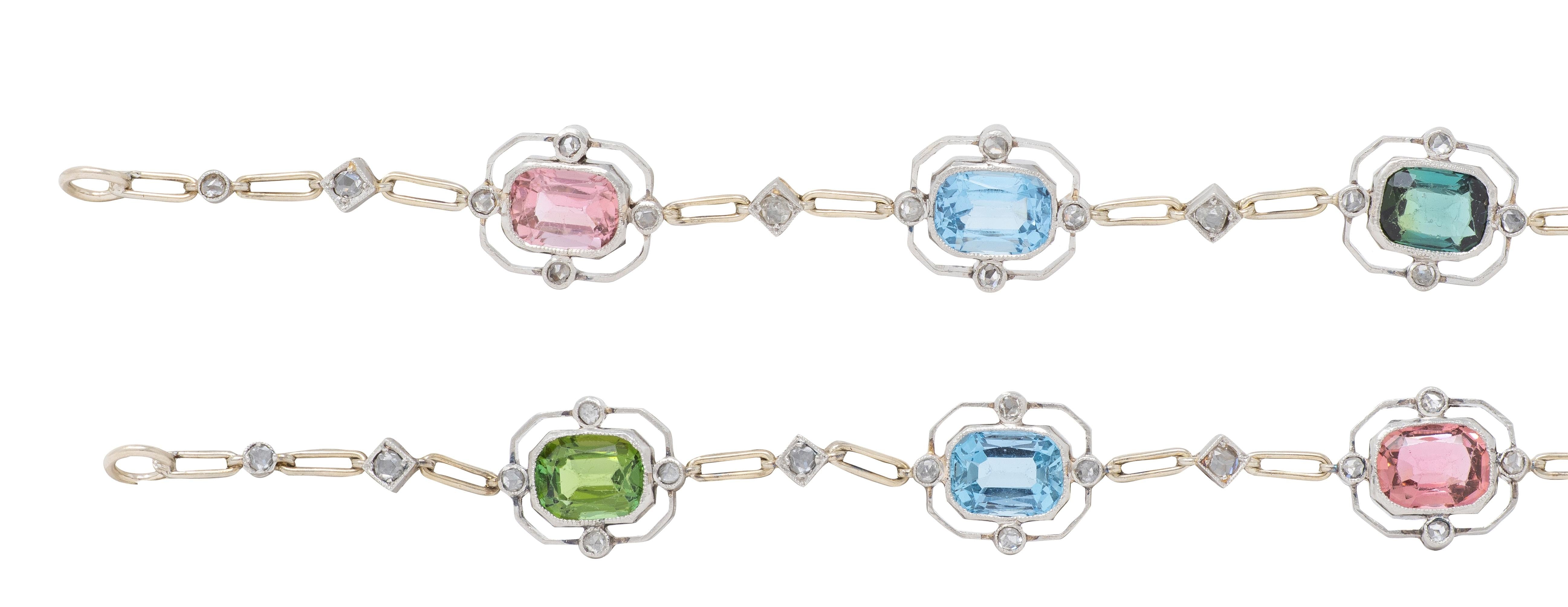 Art Deco Diamond Multi-Gem Platinum 18K Antique Quatrefoil Link Bracelet Set