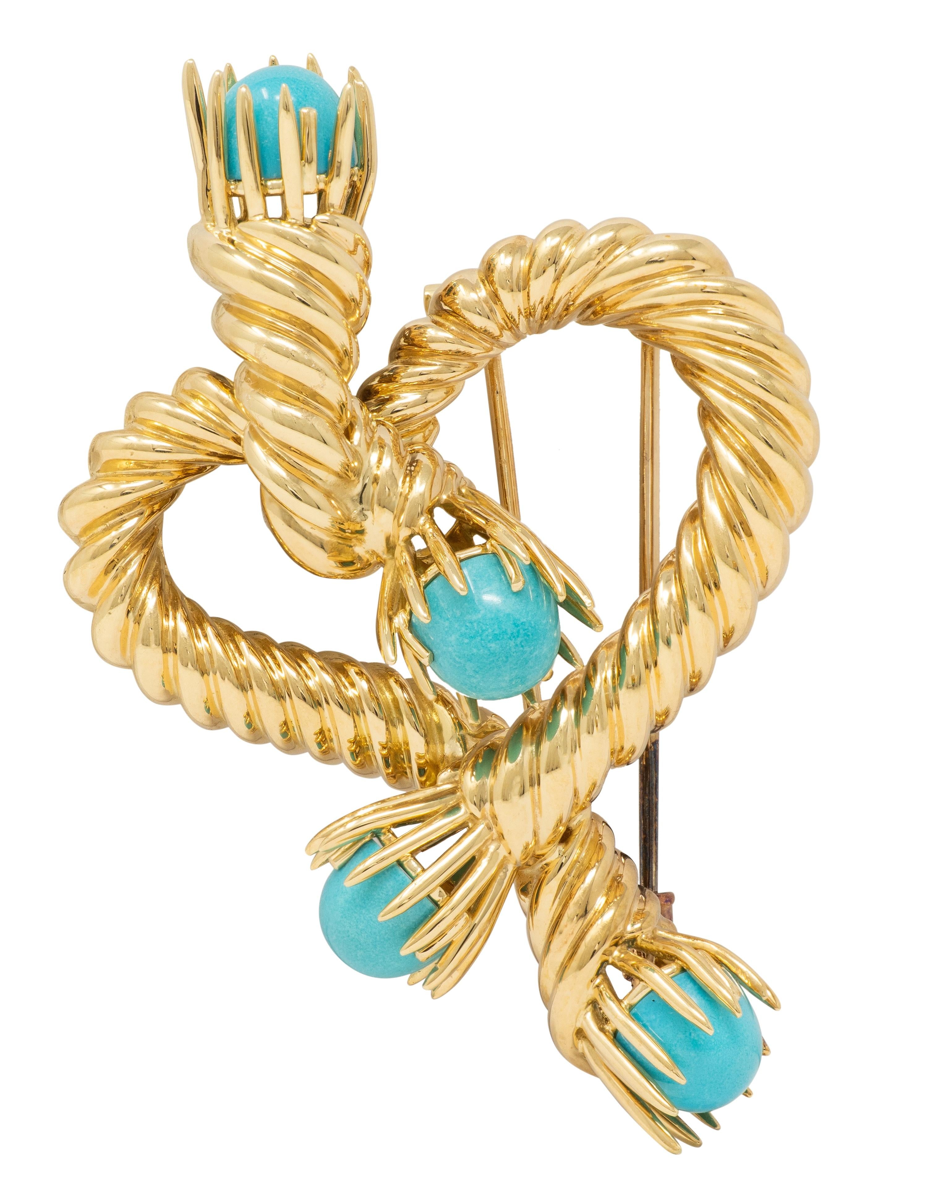 Tiffany & Co. Schlumberger 1960's Turquoise 18K Gold Vintage Rope Heart Brooch