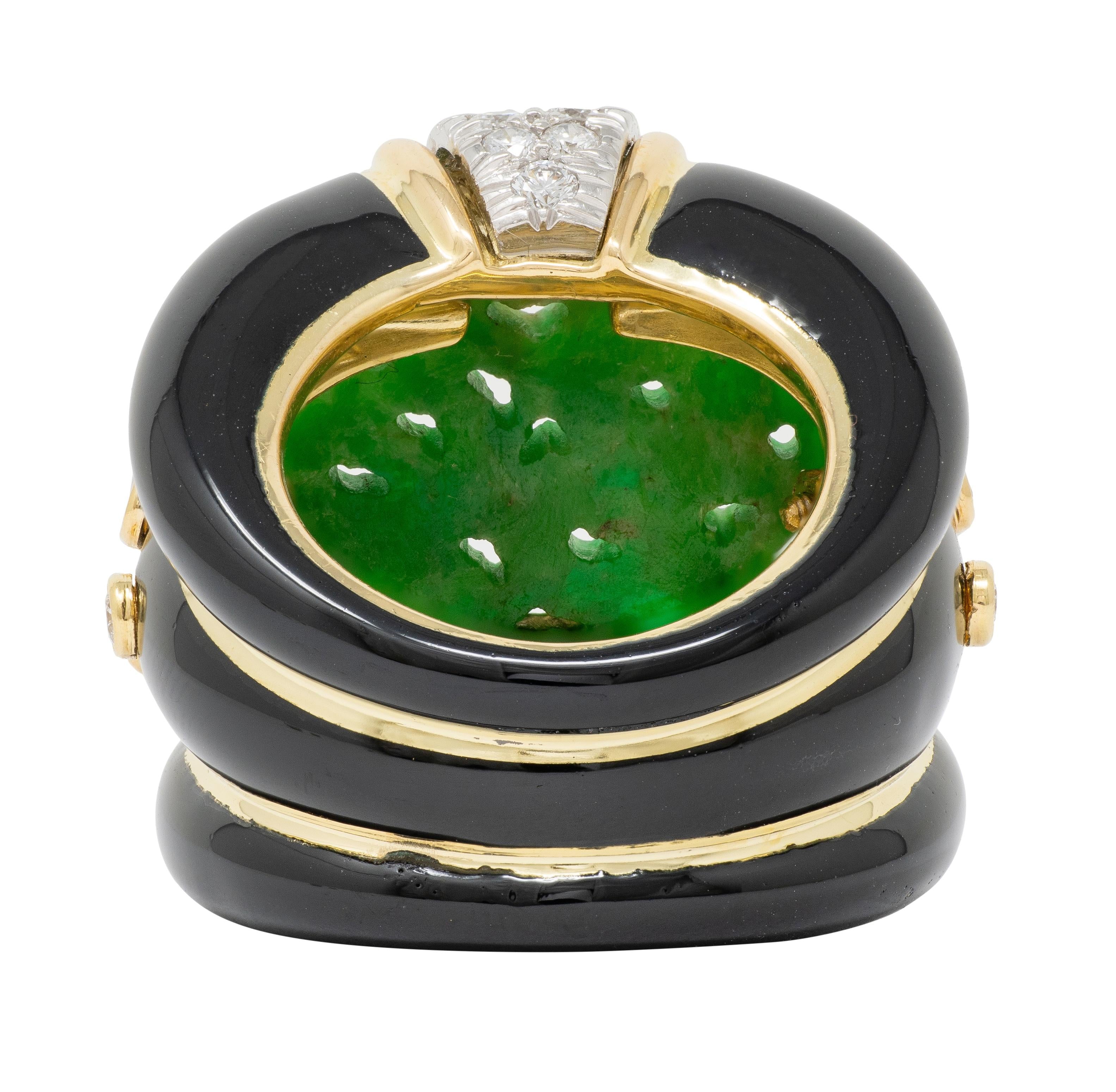 David Webb 1980's Jade Diamond Enamel Platinum 18K Gold Floral Vintage Band Ring