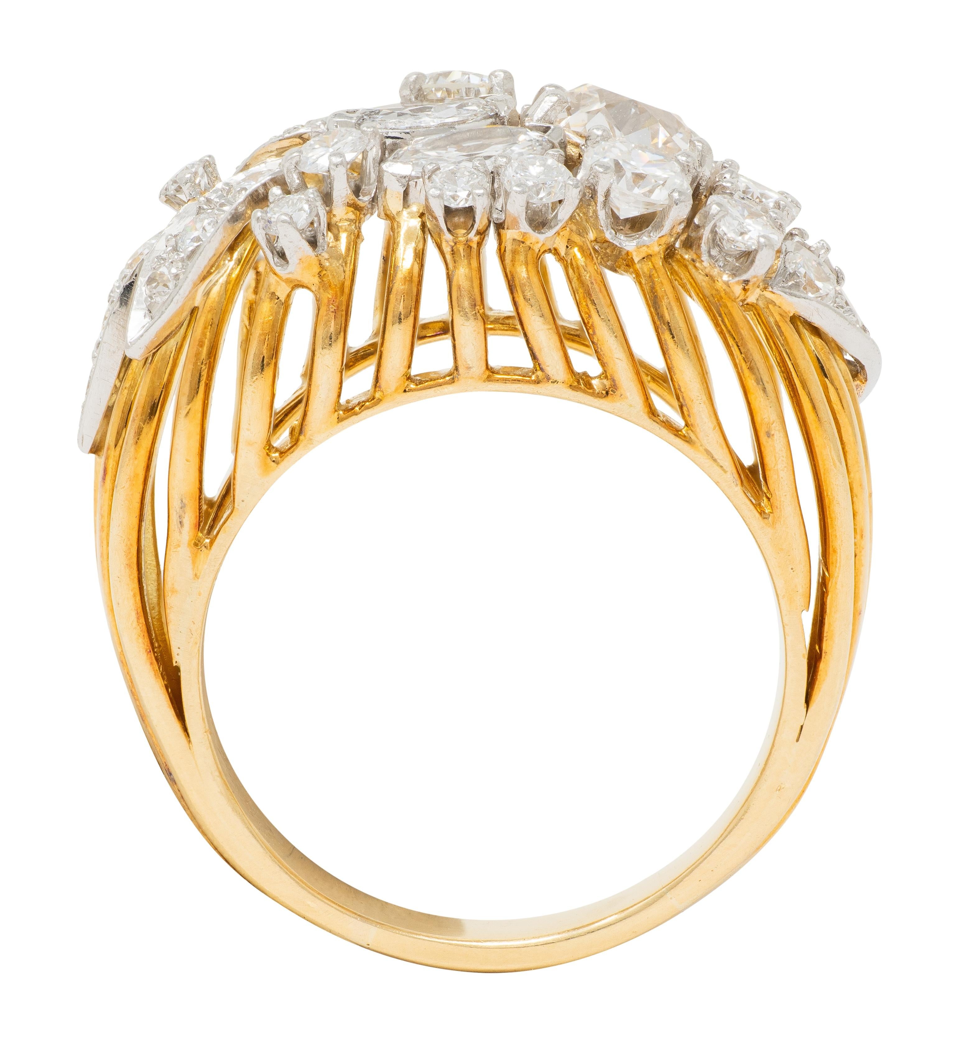 Mid-Century 2.34 CTW Diamond Platinum 18K Gold Vintage Wire Spray Cluster Ring