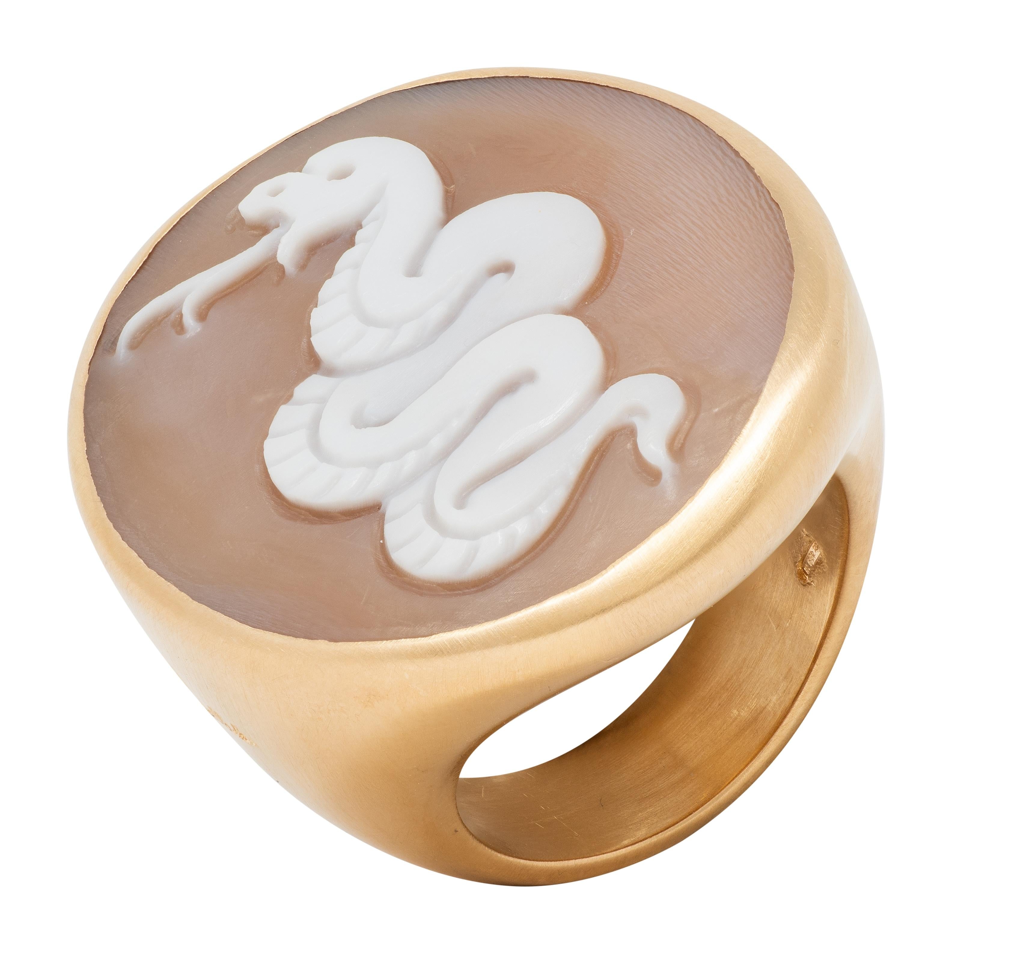 Pomellato Carved Shell 18 Karat Rose Gold Eva Snake Cameo Signet Ring