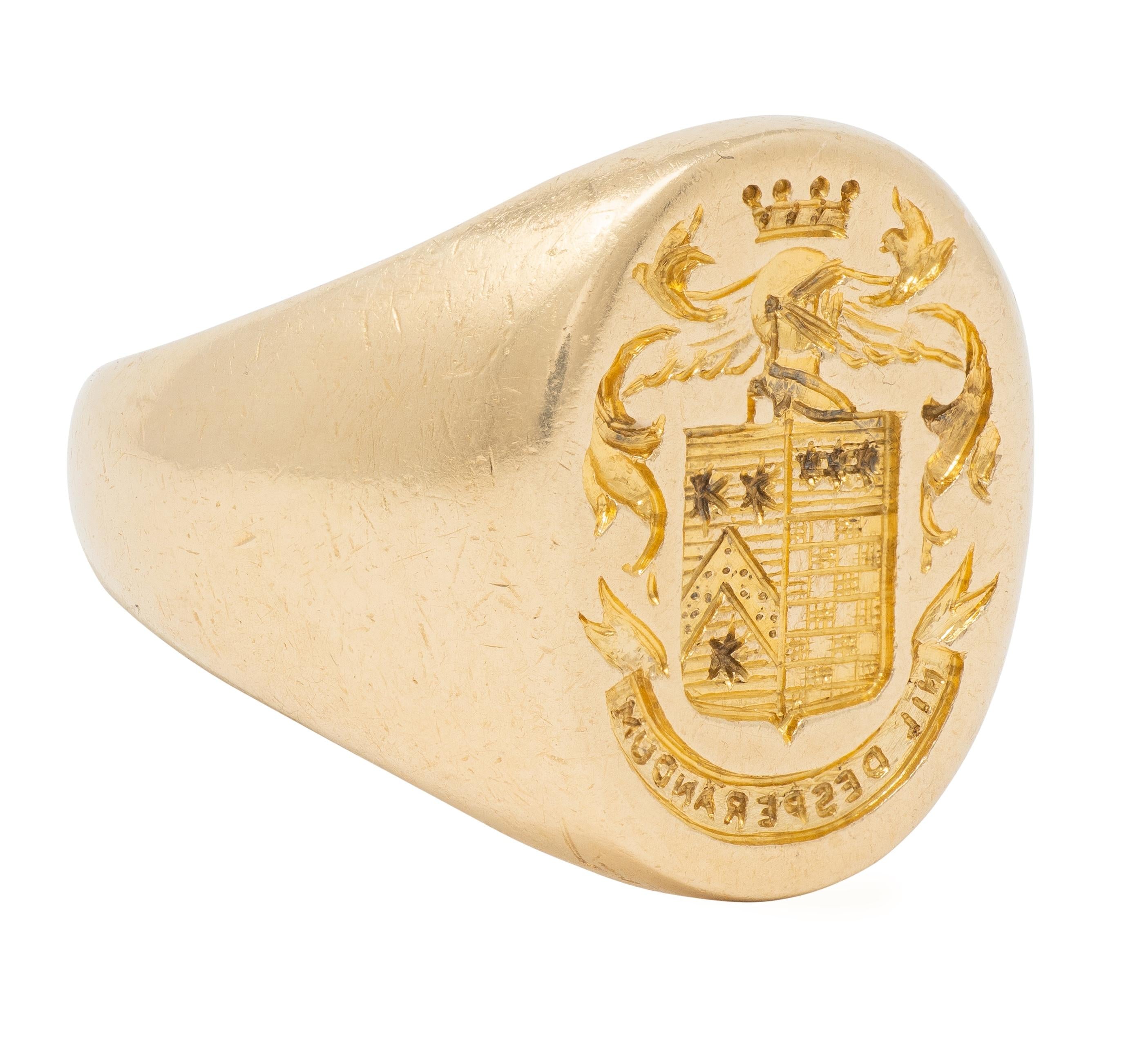 Tiffany & Co Edwardian 14K Yellow Gold Antique Unisex Heraldic Crest Signet Ring